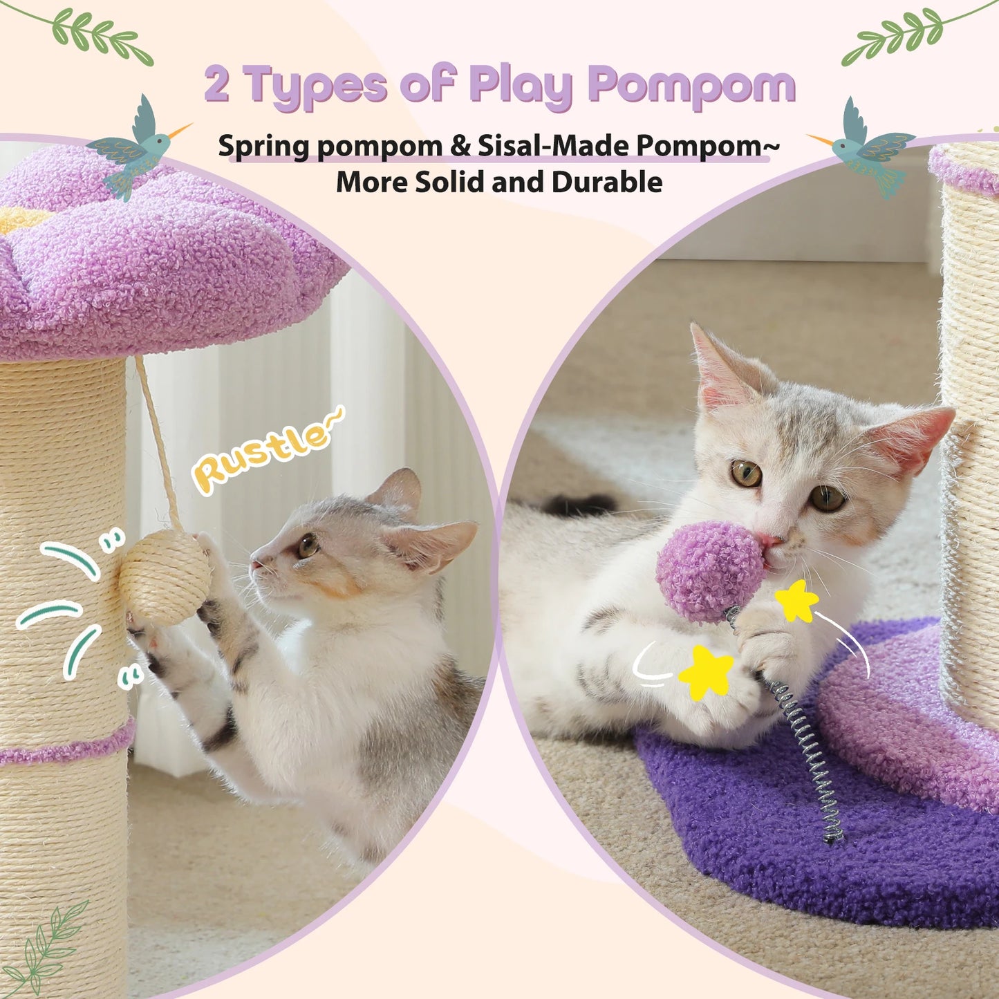 Arbre à chat fleur rose avec poteau à griffer en sisal naturel super épais, perchoir stable intérieur avec tapis et boules interactives.