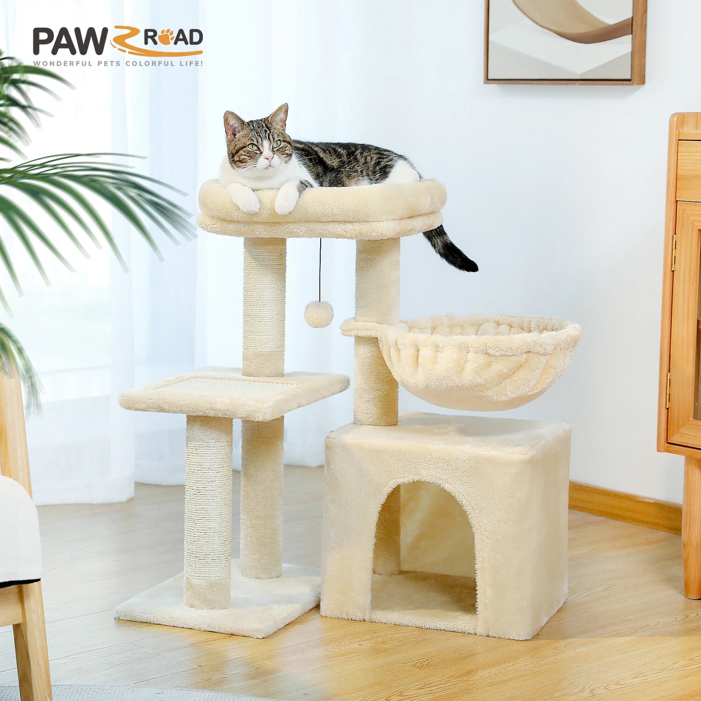 Tour pour chat réglable à 5 niveaux, du sol au plafond, avec poteaux à griffer en sisal, hamac en peluche et jouet suspendu – Design moderne en forme de cactus pour les jeux d'intérieur de plusieurs chats