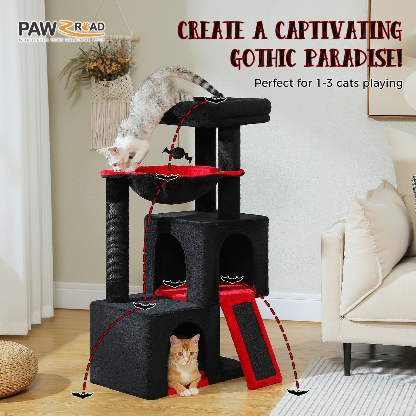 Arbre à chat de luxe tout-en-un avec 2 condos spacieux, grand hamac, perchoir rembourré, poteaux à griffer et rampe – Centre robuste de jeu et de repos multi-chats pour gros chats avec sangle de sécurité.