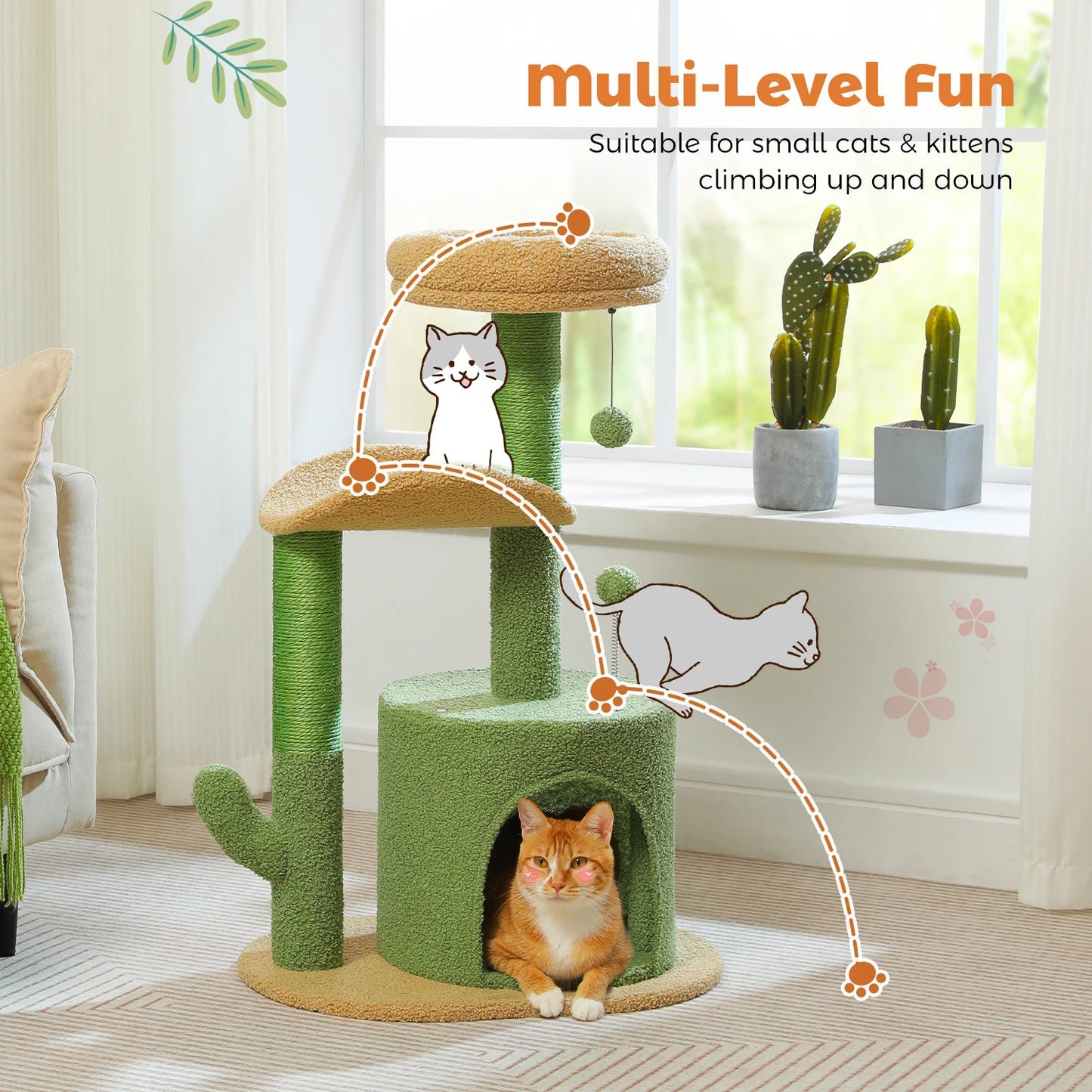Arbre à chat cactus durable avec perchoir courbe, condo douillet, lit supérieur amovible, poteau à griffer en sisal naturel, tour pour chat d'intérieur.
