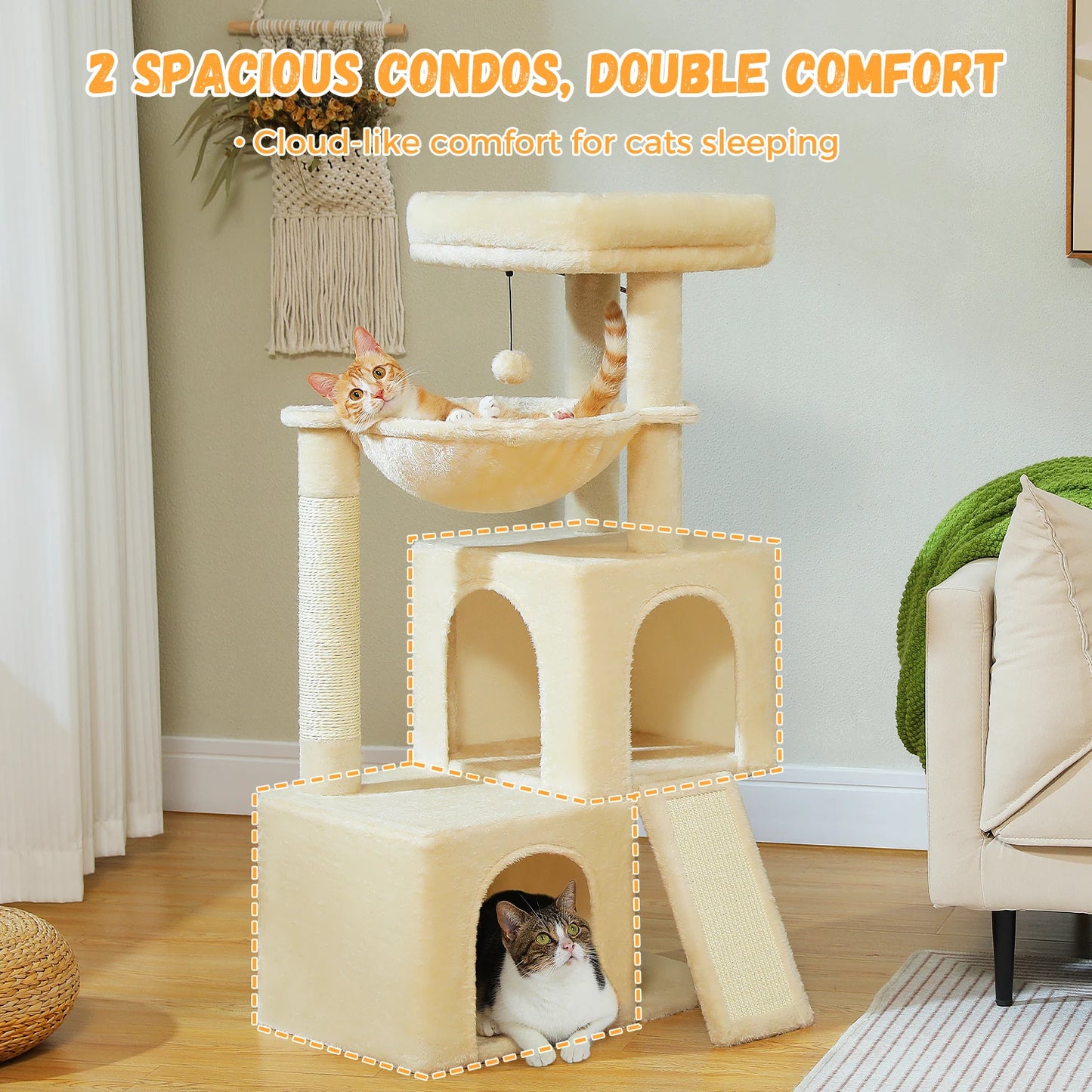 Arbre à chat de luxe tout-en-un avec 2 condos spacieux, grand hamac, perchoir rembourré, poteaux à griffer et rampe – Centre robuste de jeu et de repos multi-chats pour gros chats avec sangle de sécurité.