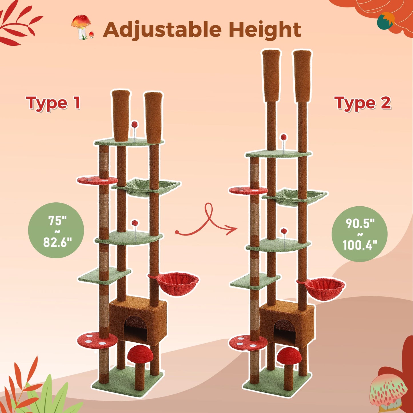 Arbre à chat cactus à hauteur réglable, tour multi-chats du sol au plafond avec condo, hamac et poteau à griffer pour grands chats.