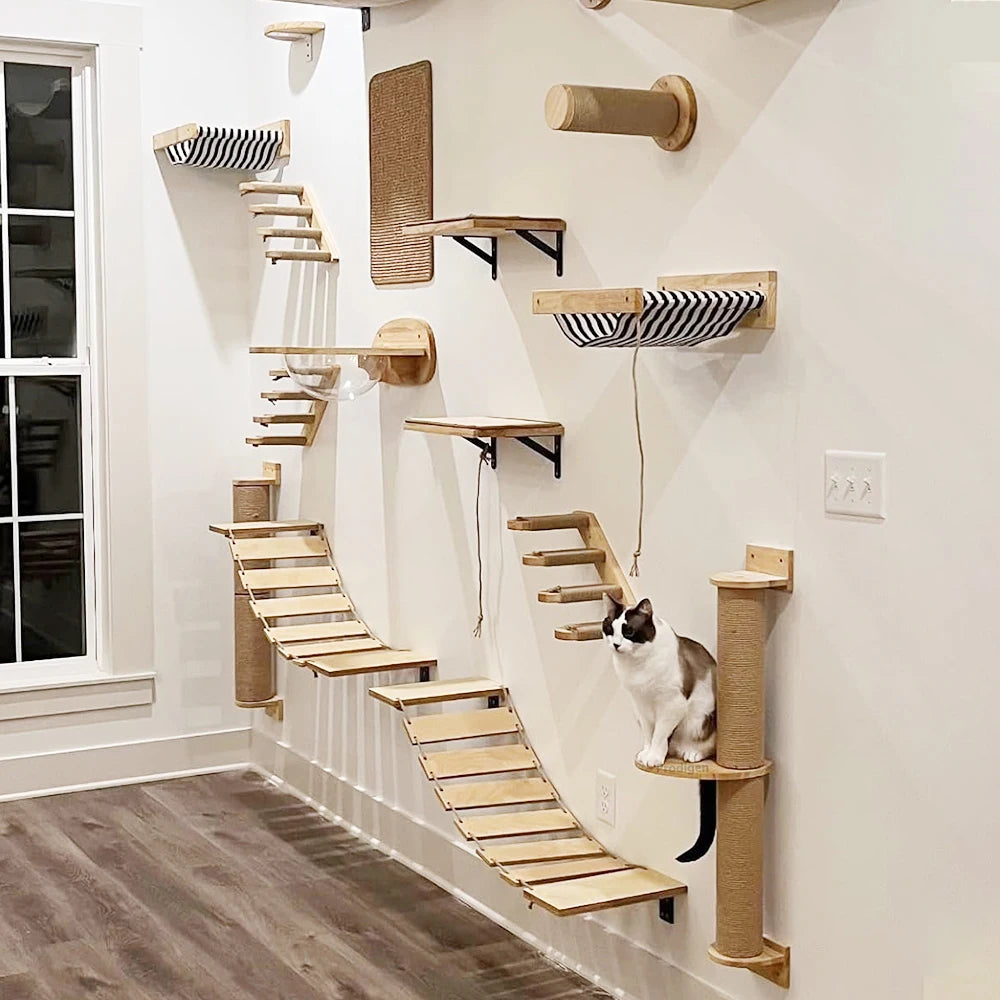 Étagère murale d’escalade pour chat avec échelle, marches, poteau à griffer en sisal, lit douillet et cachette – Tour d’arbre à chat modulaire d’intérieur et accessoires de mobilier pour animaux