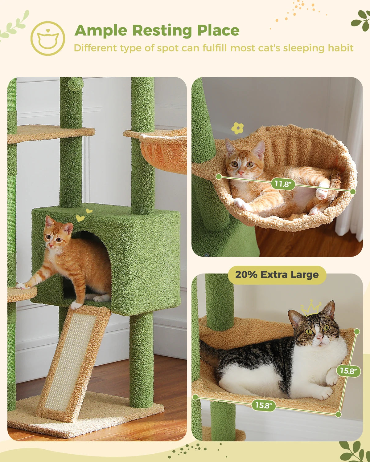 Arbre à chat Cactus réglable en hauteur, du sol au plafond, avec niche, hamac confortable et griffoirs – Arbre d'activité d'intérieur multi-chats peu encombrant