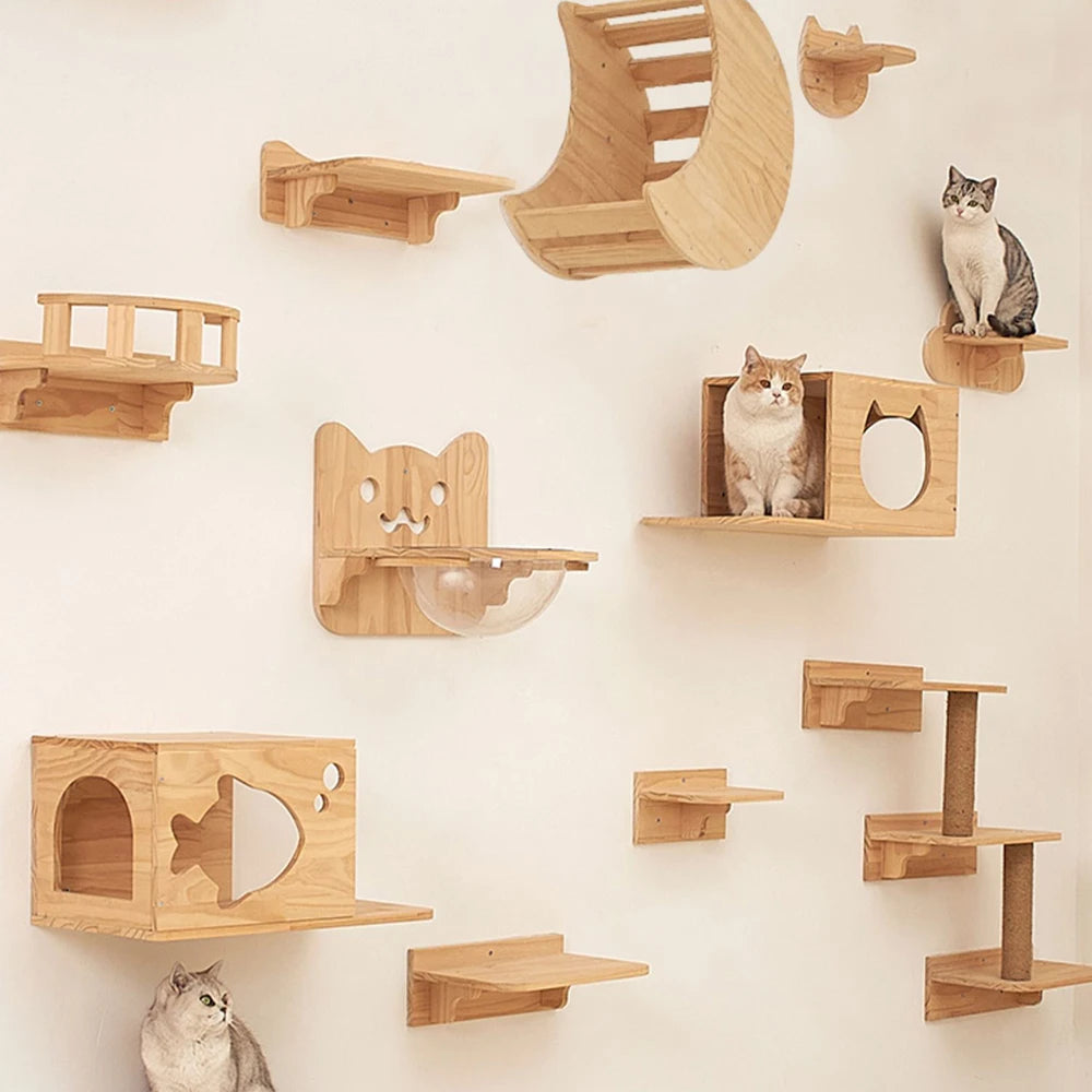 Meuble mural pour chat avec étagère flottante, poteau à griffer en sisal, perchoirs d’escalade, hamac douillet et marches murales – aire de jeux intérieure verticale pour chat, peu encombrante, pour dormir, jouer et s
