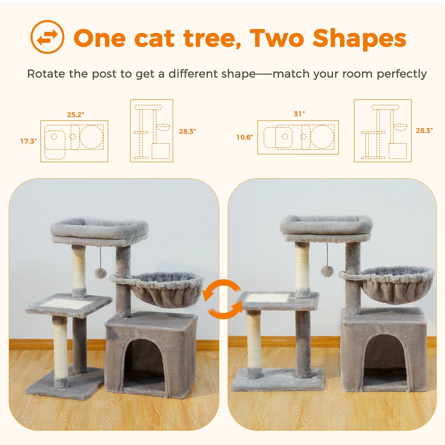 Tour pour chat réglable à 5 niveaux, du sol au plafond, avec poteaux à griffer en sisal, hamac en peluche et jouet suspendu – Design moderne en forme de cactus pour les jeux d'intérieur de plusieurs chats