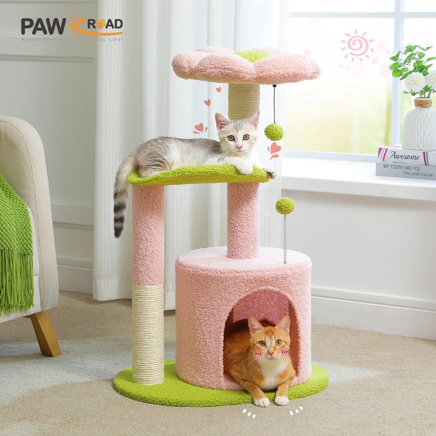 Arbre à chat cactus durable avec perchoir courbe, condo douillet, lit supérieur amovible, poteau à griffer en sisal naturel, tour pour chat d'intérieur.