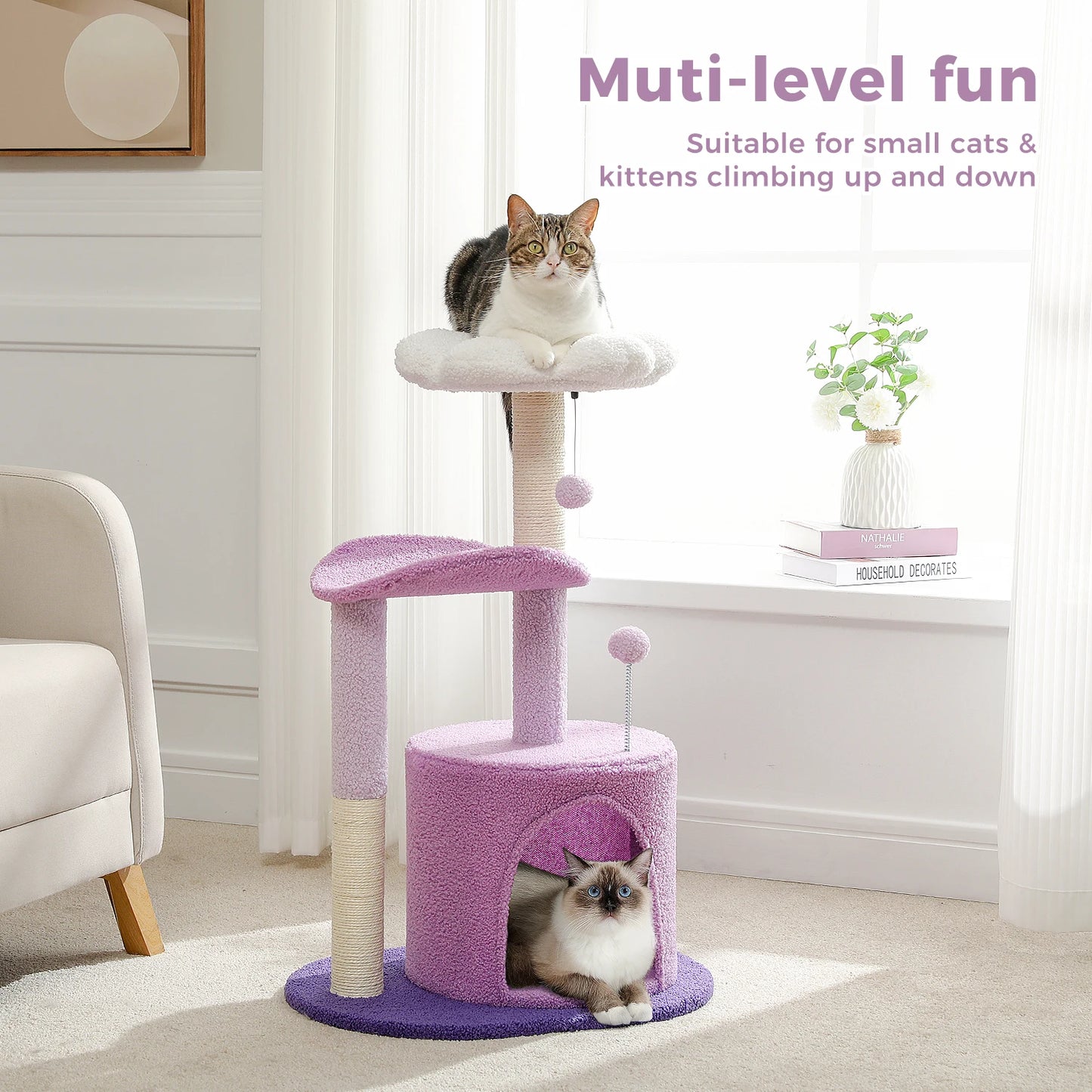 Arbre à chat cactus durable avec perchoir courbe, condo douillet, lit supérieur amovible, poteau à griffer en sisal naturel, tour pour chat d'intérieur.