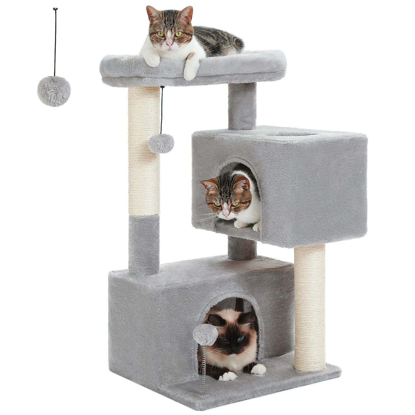 Arbre à chat de luxe tout-en-un avec 2 condos spacieux, grand hamac, perchoir rembourré, poteaux à griffer et rampe – Centre robuste de jeu et de repos multi-chats pour gros chats avec sangle de sécurité.