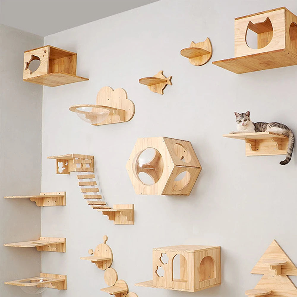 Étagère murale d’escalade pour chat avec échelle, marches, poteau à griffer en sisal, lit douillet et cachette – Tour d’arbre à chat modulaire d’intérieur et accessoires de mobilier pour animaux