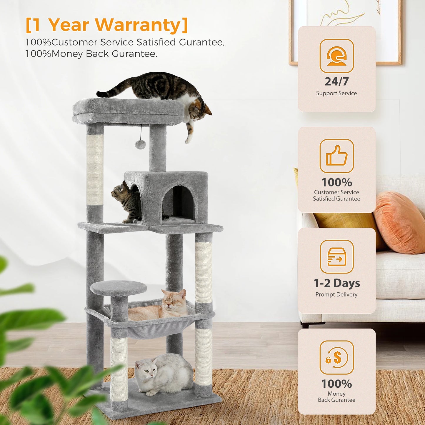 Tour d'arbre à chat à 5 niveaux pour grands chats avec hamac extra-large, niche confortable, poteaux à griffer en sisal et perchoir moelleux – Centre d'activités d'intérieur adapté aux chats lourds