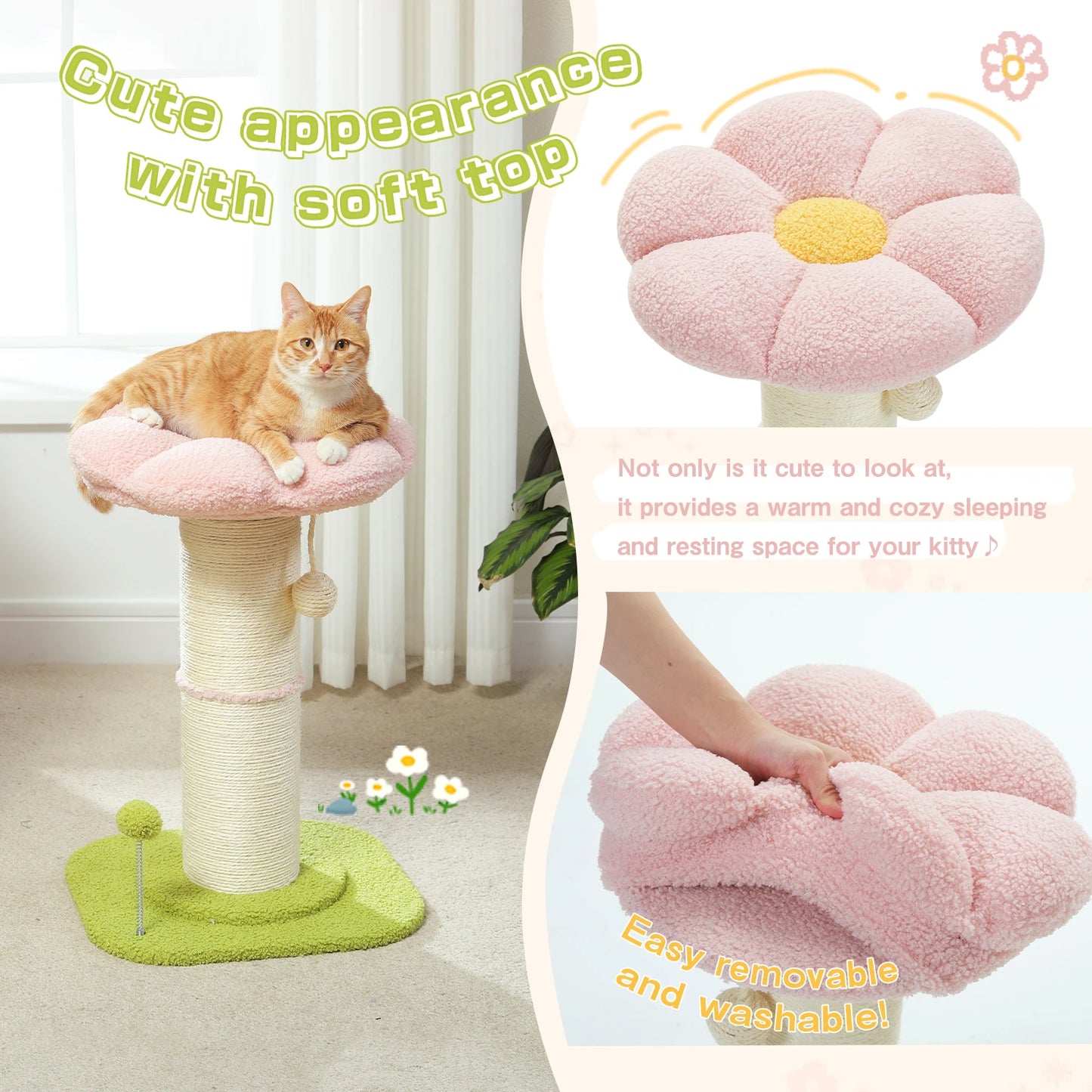 Arbre à chat fleur rose avec poteau à griffer en sisal naturel super épais, perchoir stable intérieur avec tapis et boules interactives.