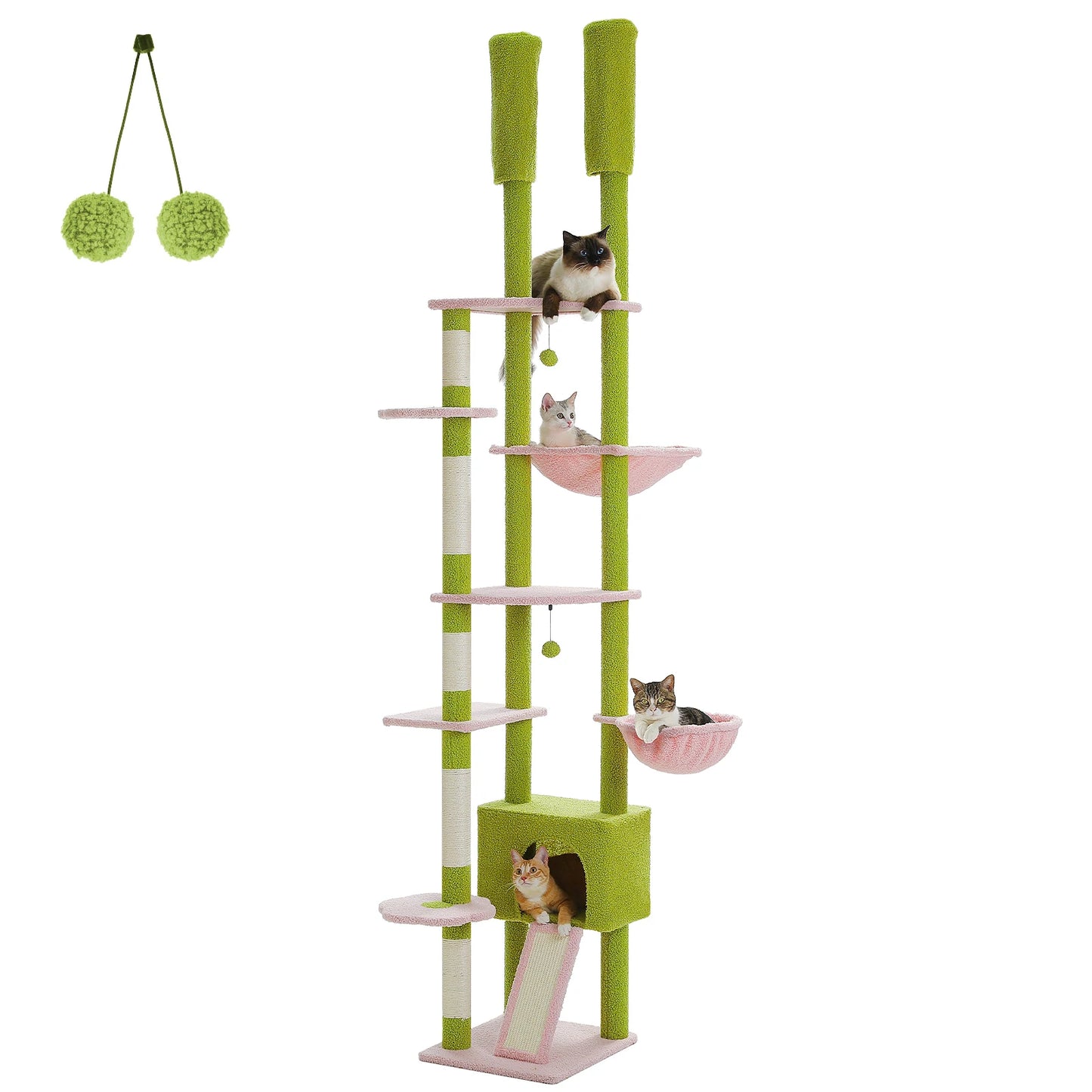 Arbre à chat Cactus réglable en hauteur, du sol au plafond, avec niche, hamac confortable et griffoirs – Arbre d'activité d'intérieur multi-chats peu encombrant