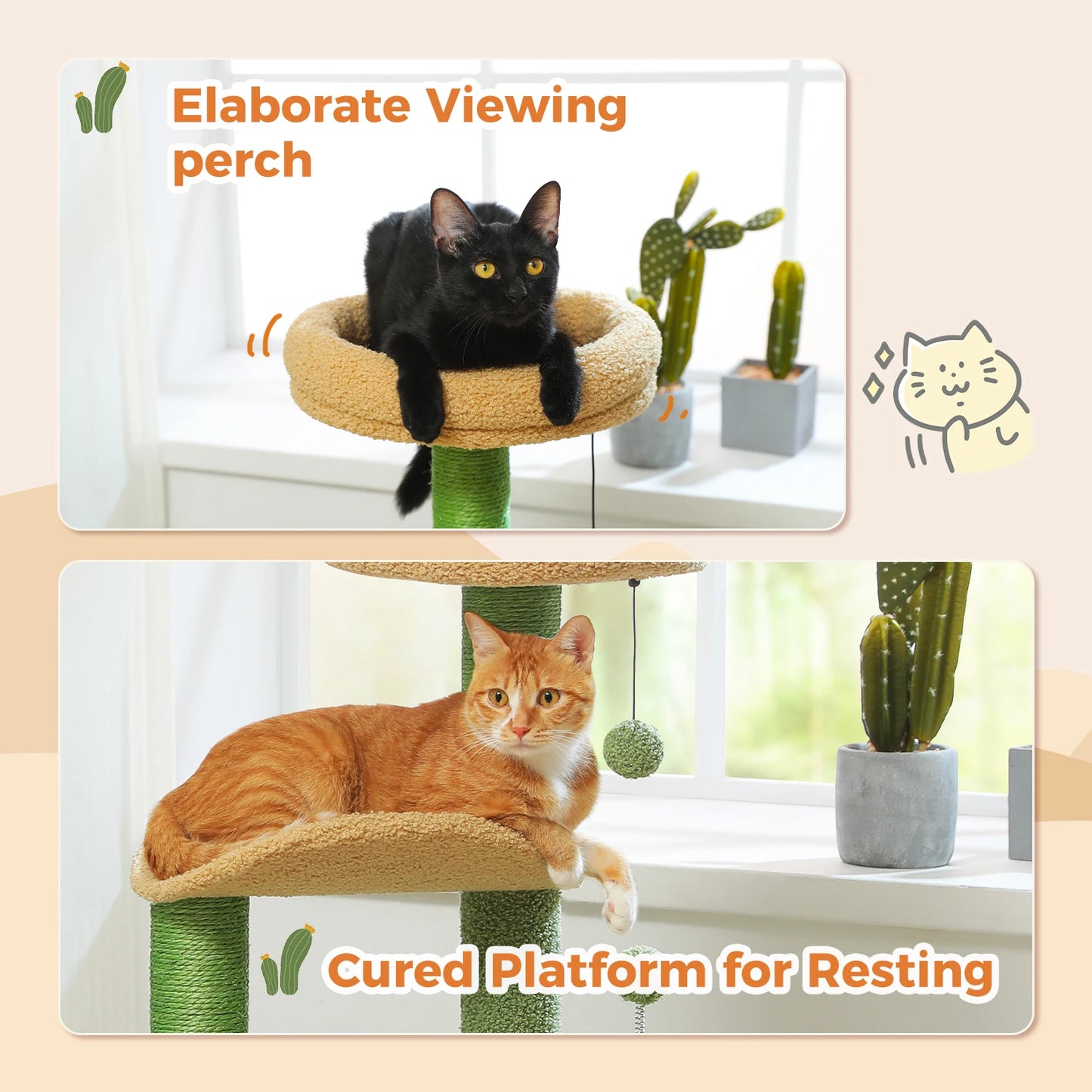 Arbre à chat cactus durable avec perchoir courbe, condo douillet, lit supérieur amovible, poteau à griffer en sisal naturel, tour pour chat d'intérieur.