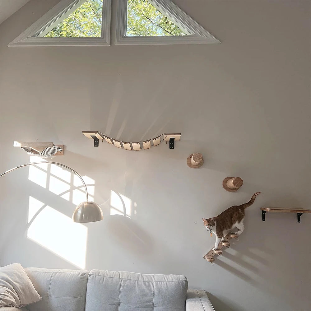 Étagère murale d’escalade pour chat avec échelle, marches, poteau à griffer en sisal, lit douillet et cachette – Tour d’arbre à chat modulaire d’intérieur et accessoires de mobilier pour animaux
