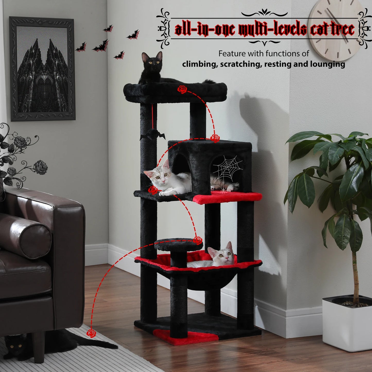 Gratte-ciel pour chats de style gothique avec hamac extra grand, poteau à griffer recouvert de sisal, condo confortable et perchoir supérieur en peluche – aire de jeux intérieure pour chats peu encombrante.