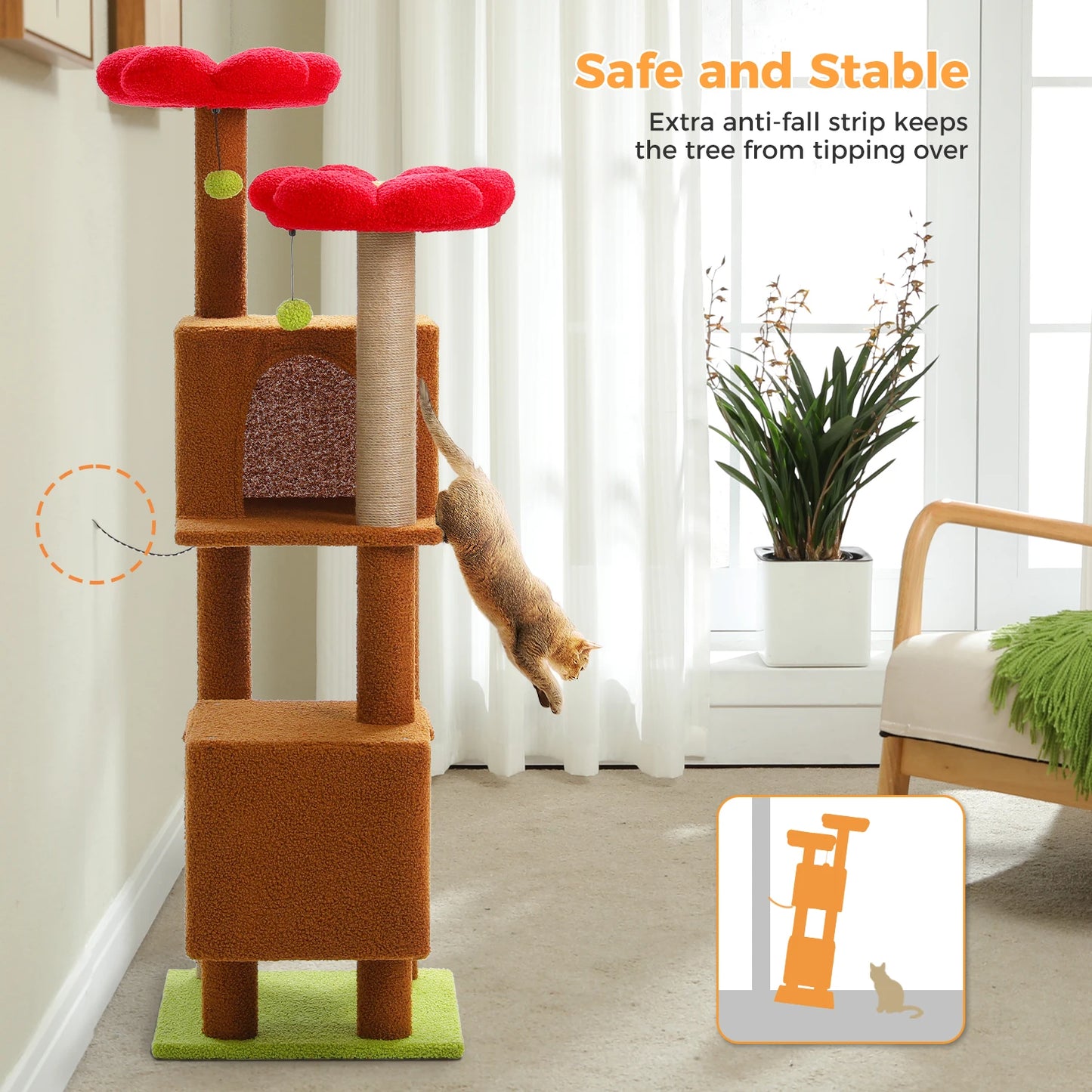 Arbre à chat cactus de 133 cm pour chats d’intérieur avec 2 perchoirs rembourrés, 2 condos douillets, 2 poteaux à griffer en sisal et pompons suspendus remplaçables – aire de jeux multi-chats peu encombrante.