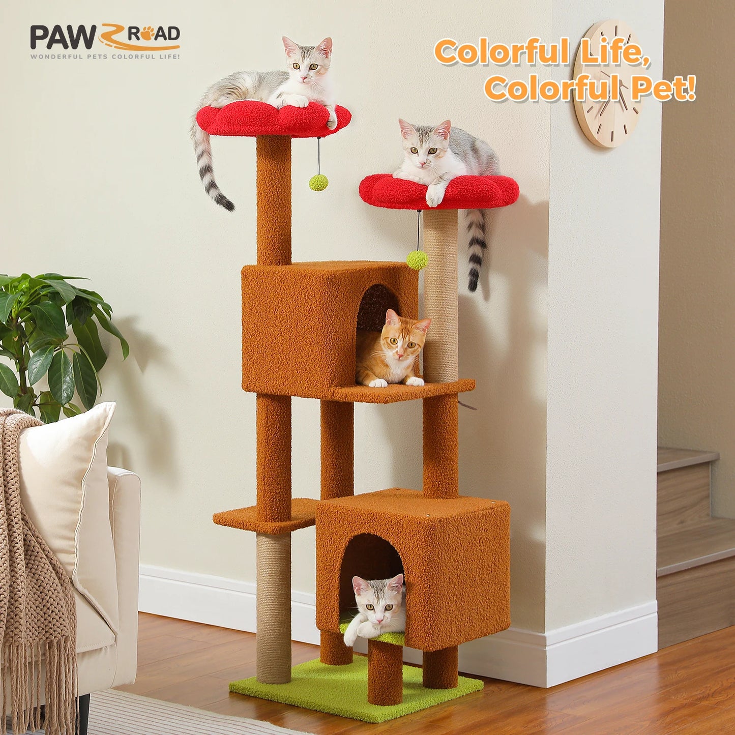 Arbre à chat cactus de 133 cm pour chats d’intérieur avec 2 perchoirs rembourrés, 2 condos douillets, 2 poteaux à griffer en sisal et pompons suspendus remplaçables – aire de jeux multi-chats peu encombrante.