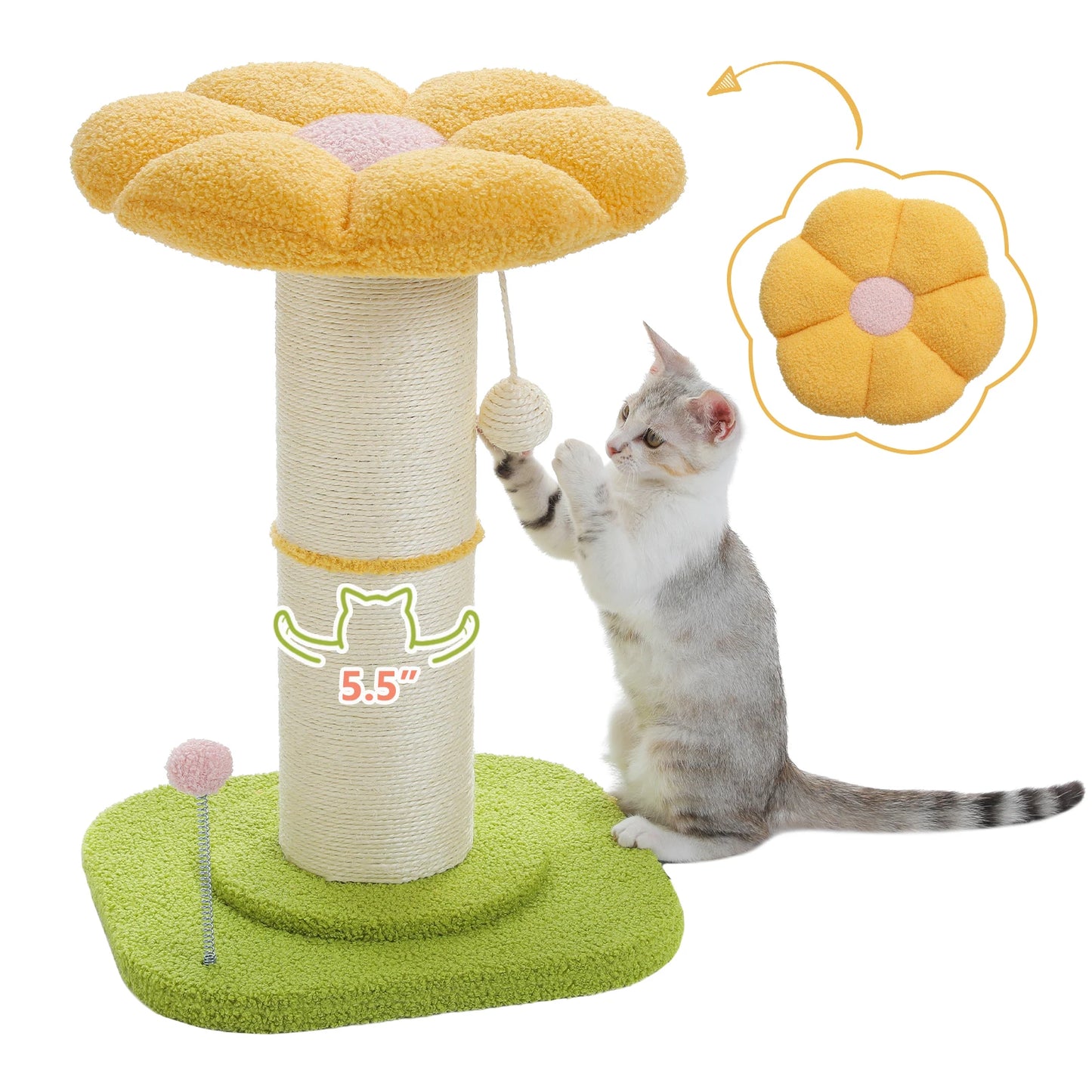 Arbre à chat fleur rose avec poteau à griffer en sisal naturel super épais, perchoir stable intérieur avec tapis et boules interactives.