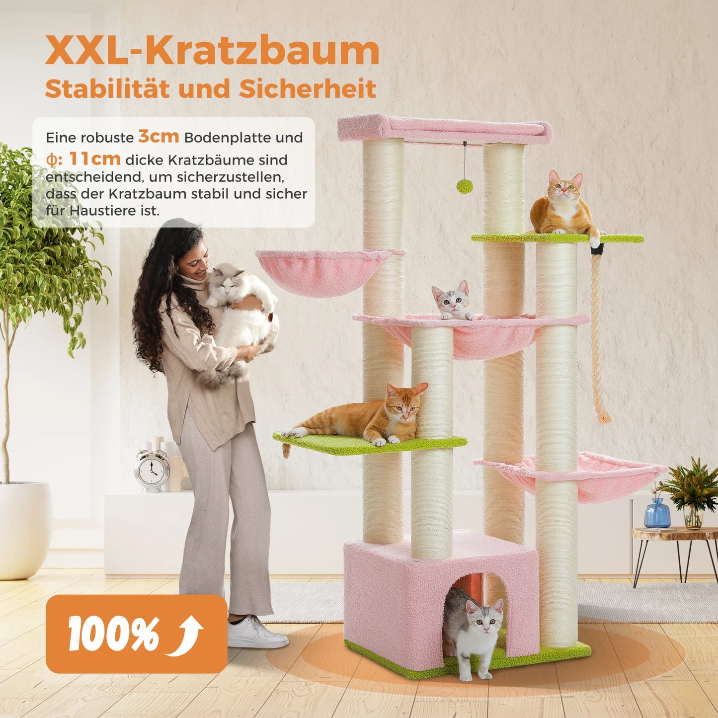 Arbre à chat pour gros chats avec 11 poteaux à griffer en sisal, 7 niveaux, plusieurs hamacs et perchoirs extra-larges – Château d’escalade robuste pour intérieur, adapté aux chats jusqu’à 10 kg.