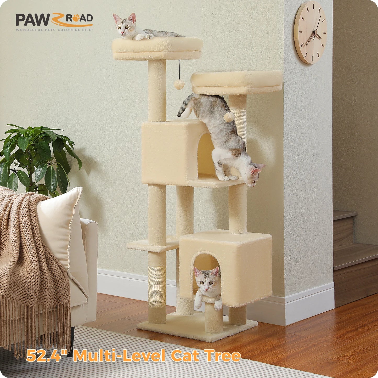 Arbre à chat cactus de 133 cm pour chats d’intérieur avec 2 perchoirs rembourrés, 2 condos douillets, 2 poteaux à griffer en sisal et pompons suspendus remplaçables – aire de jeux multi-chats peu encombrante.