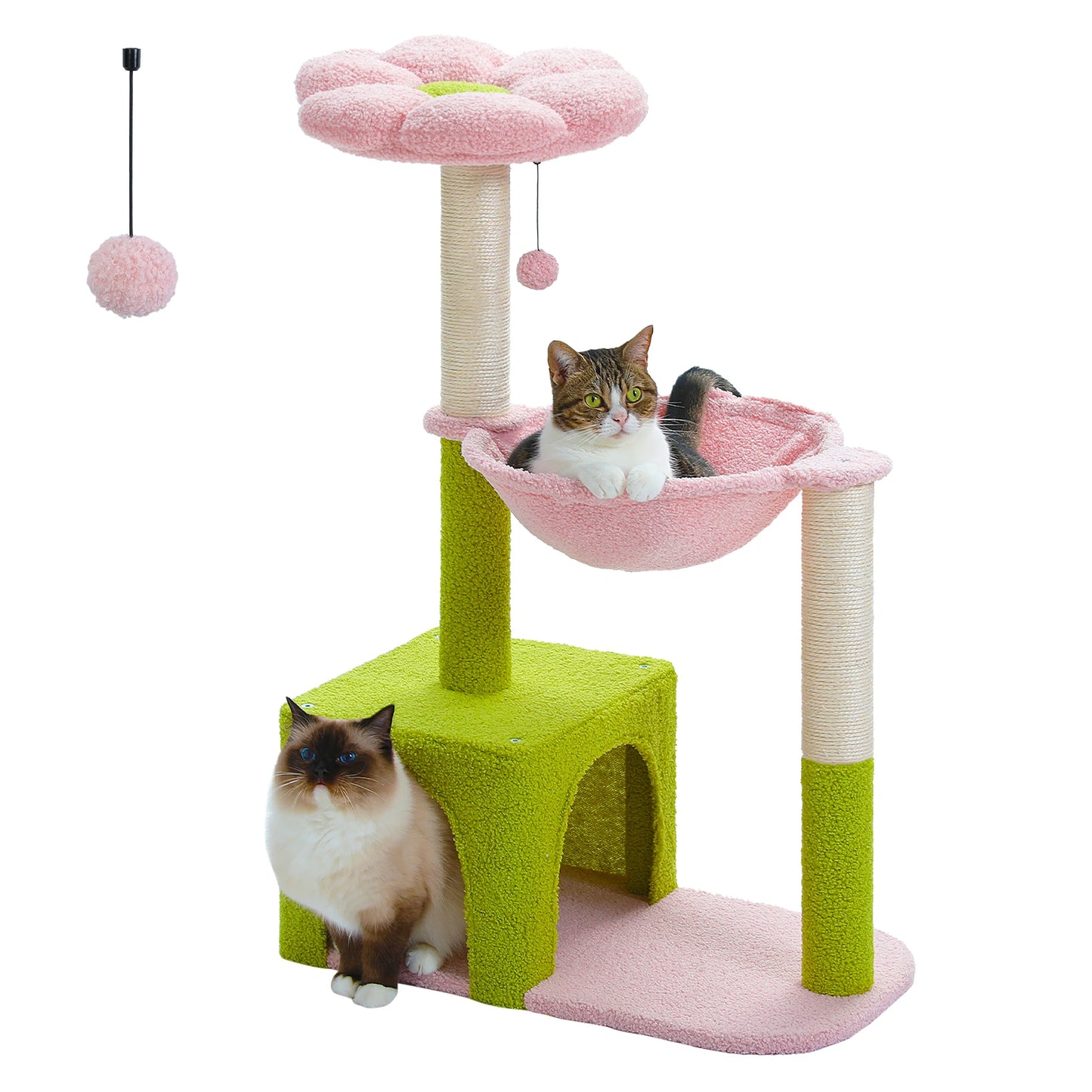 Arbre à chat fleuri avec grand hamac à cadre métallique, poteaux à griffer en sisal et perchoir rose – tour à chat stable, facile à nettoyer, avec condo spacieux à deux portes, idéal pour petits chats en intérieur.