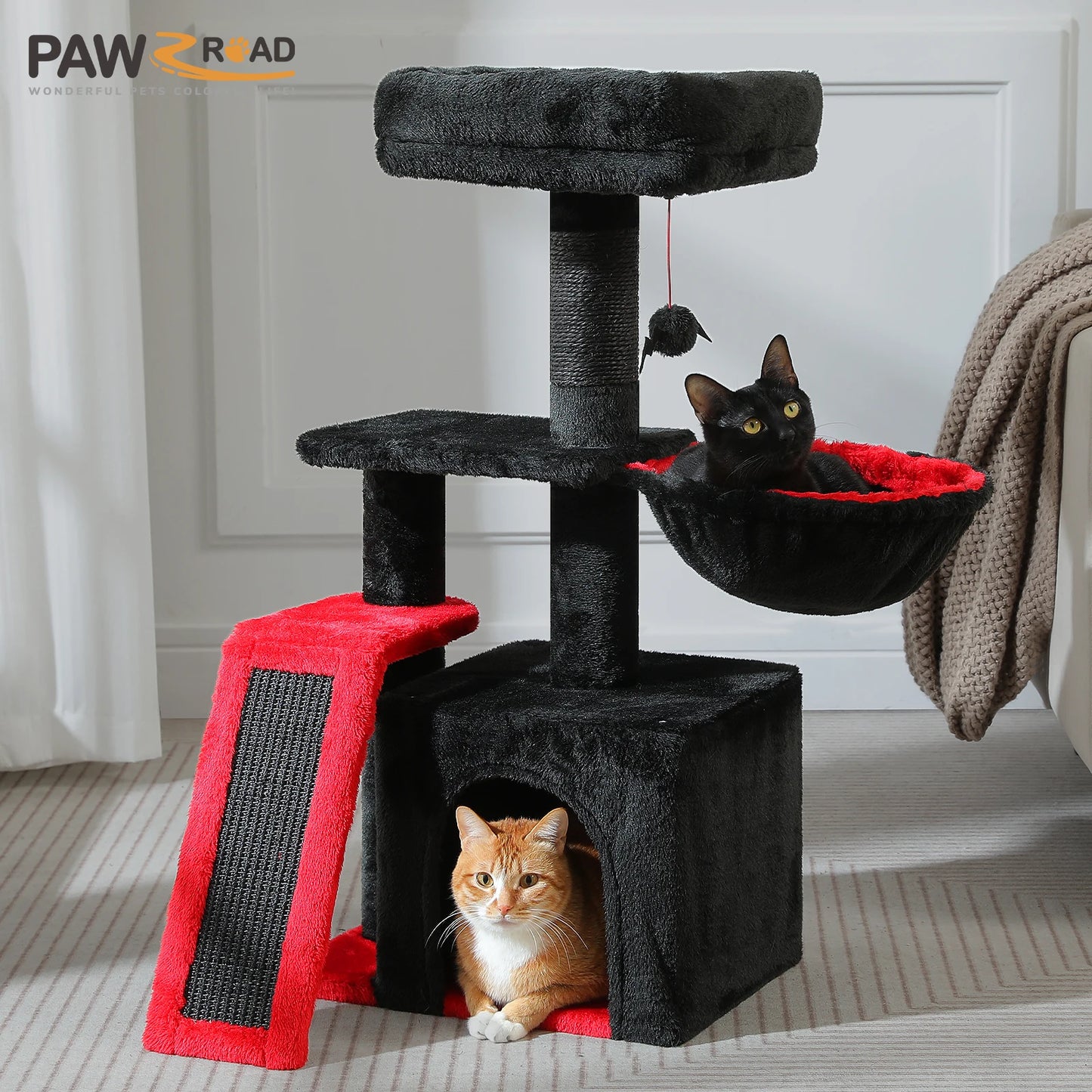Tour pour chat réglable à 5 niveaux, du sol au plafond, avec poteaux à griffer en sisal, hamac en peluche et jouet suspendu – Design moderne en forme de cactus pour les jeux d'intérieur de plusieurs chats