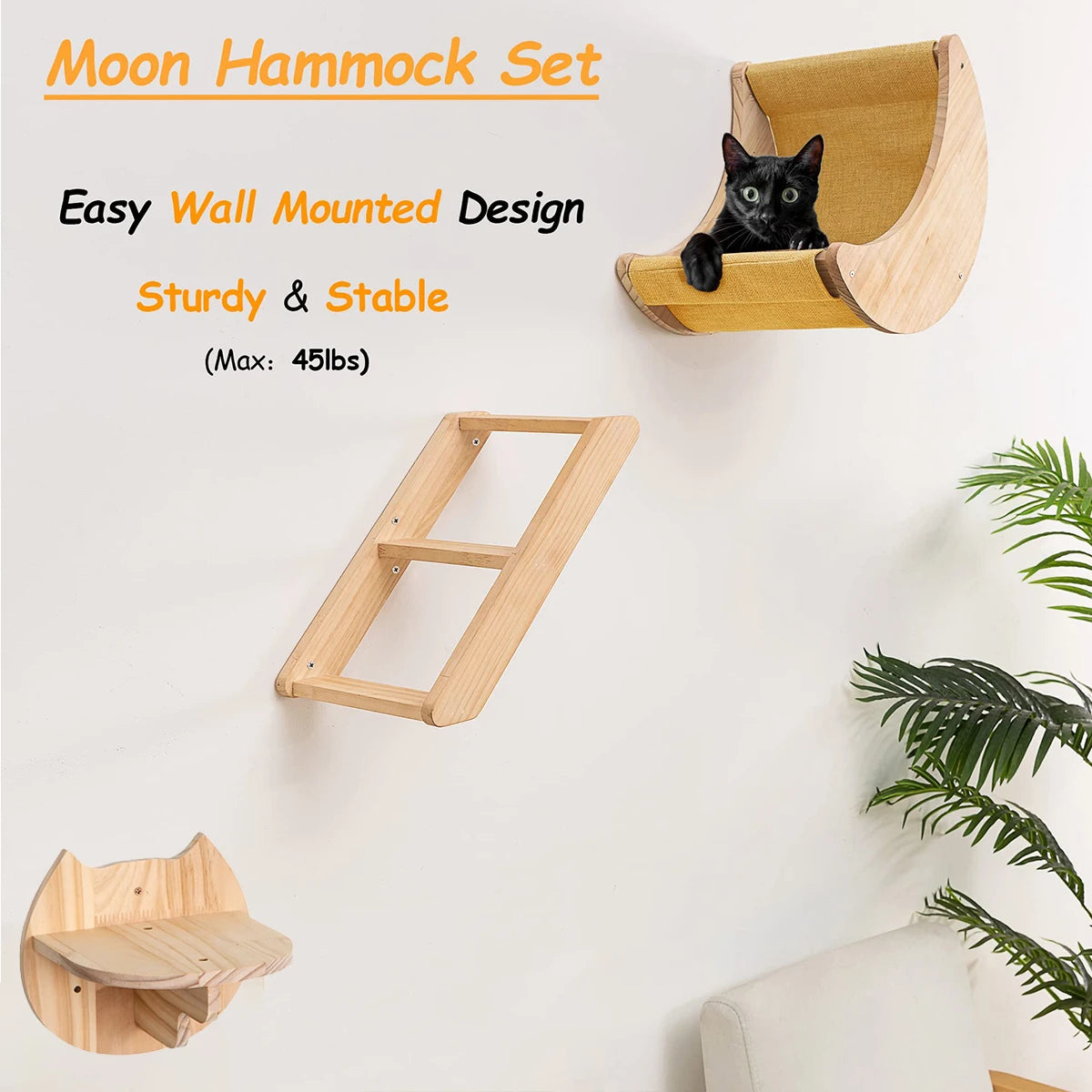 Ensemble d’étagères murales pour chat en forme de lune avec hamac, perchoirs, échelle et marches en bois massif – mobilier d’escalade intérieur élégant pour chat, pour l’activité, le repos et le jeu.