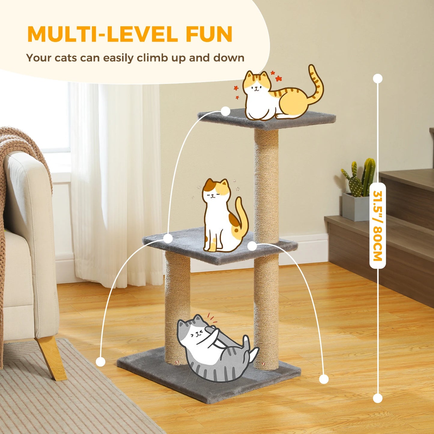 Tour pour chat réglable à 5 niveaux, du sol au plafond, avec poteaux à griffer en sisal, hamac en peluche et jouet suspendu – Design moderne en forme de cactus pour les jeux d'intérieur de plusieurs chats