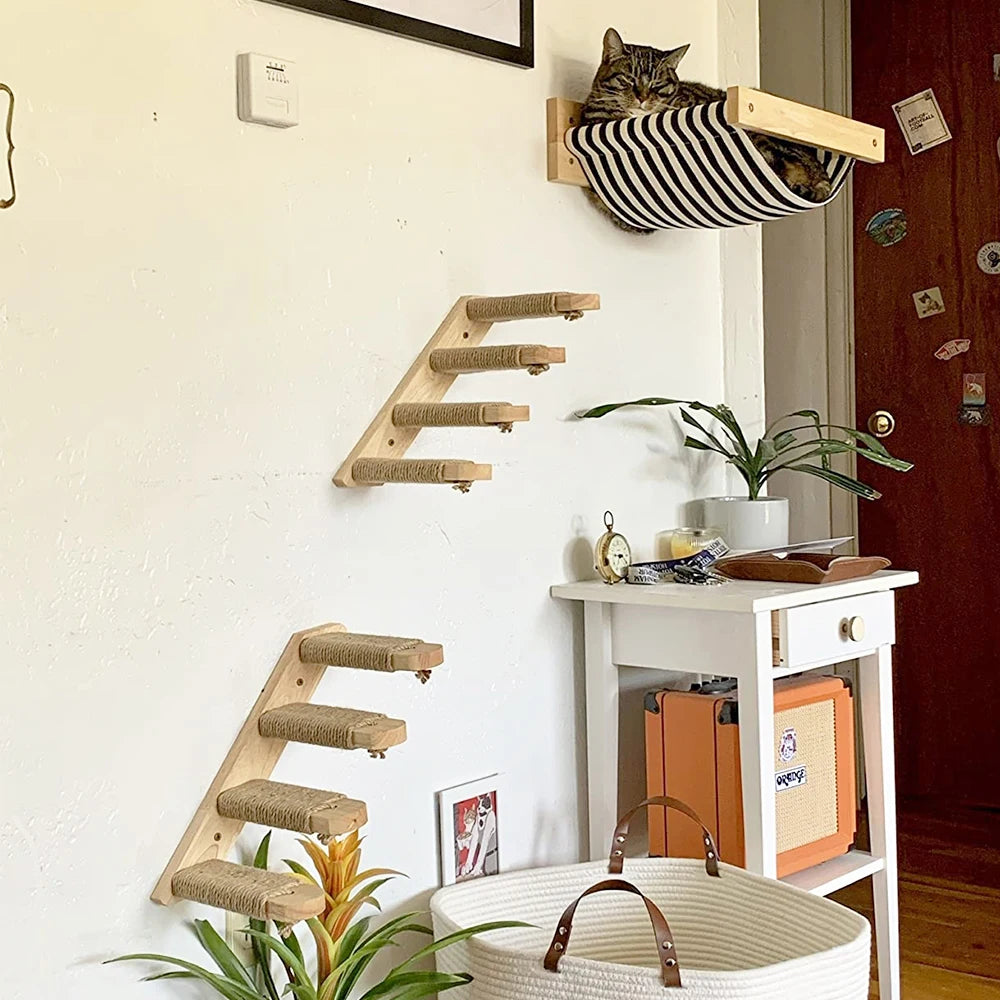 Étagère murale d’escalade pour chat avec échelle, marches, poteau à griffer en sisal, lit douillet et cachette – Tour d’arbre à chat modulaire d’intérieur et accessoires de mobilier pour animaux