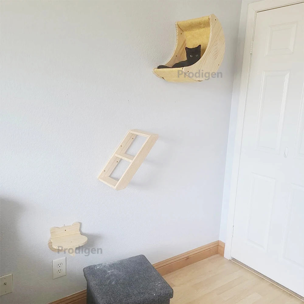 Ensemble d’étagères murales pour chat en forme de lune avec hamac, perchoirs, échelle et marches en bois massif – mobilier d’escalade intérieur élégant pour chat, pour l’activité, le repos et le jeu.