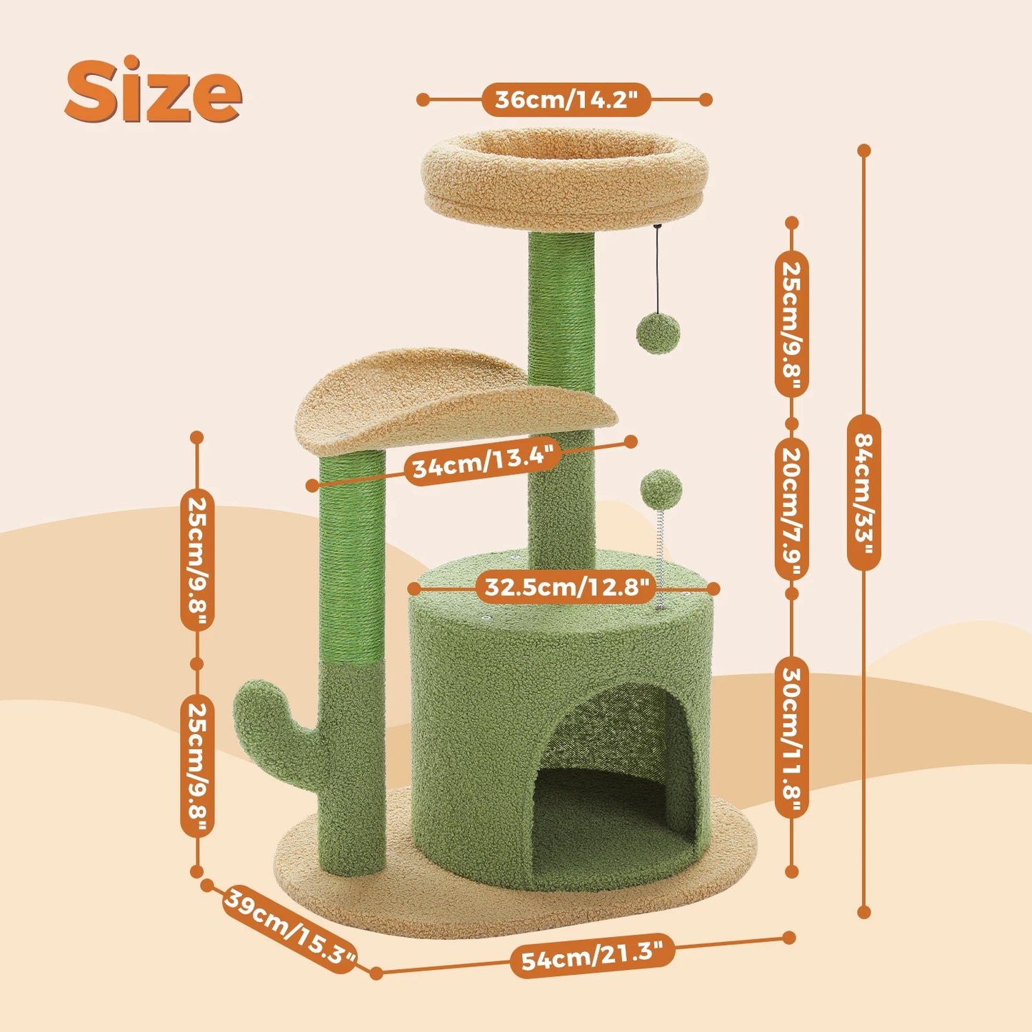 Arbre à chat cactus durable avec perchoir courbe, condo douillet, lit supérieur amovible, poteau à griffer en sisal naturel, tour pour chat d'intérieur.