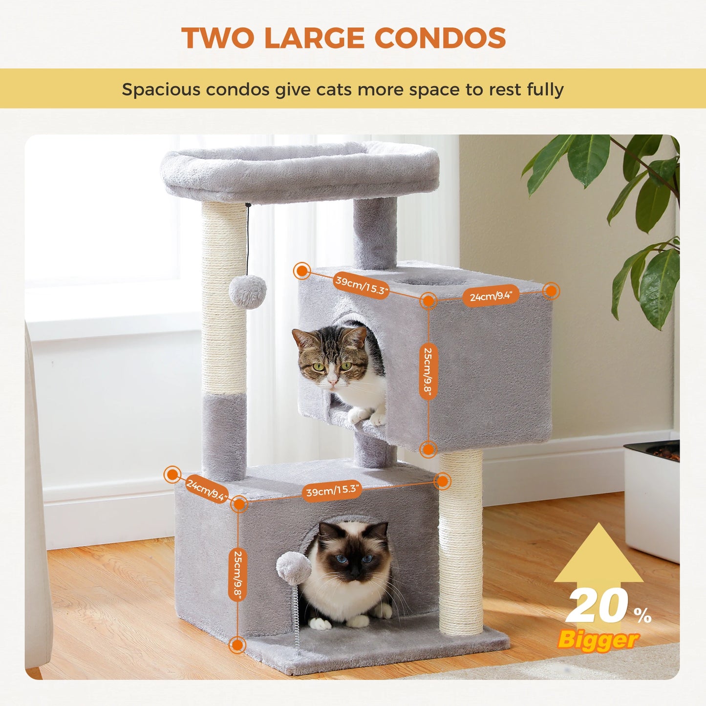Arbre à chat de luxe tout-en-un avec 2 condos spacieux, grand hamac, perchoir rembourré, poteaux à griffer et rampe – Centre robuste de jeu et de repos multi-chats pour gros chats avec sangle de sécurité.