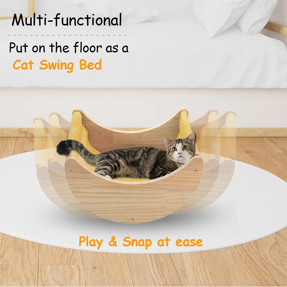 Ensemble d’étagères murales pour chat en forme de lune avec hamac, perchoirs, échelle et marches en bois massif – mobilier d’escalade intérieur élégant pour chat, pour l’activité, le repos et le jeu.