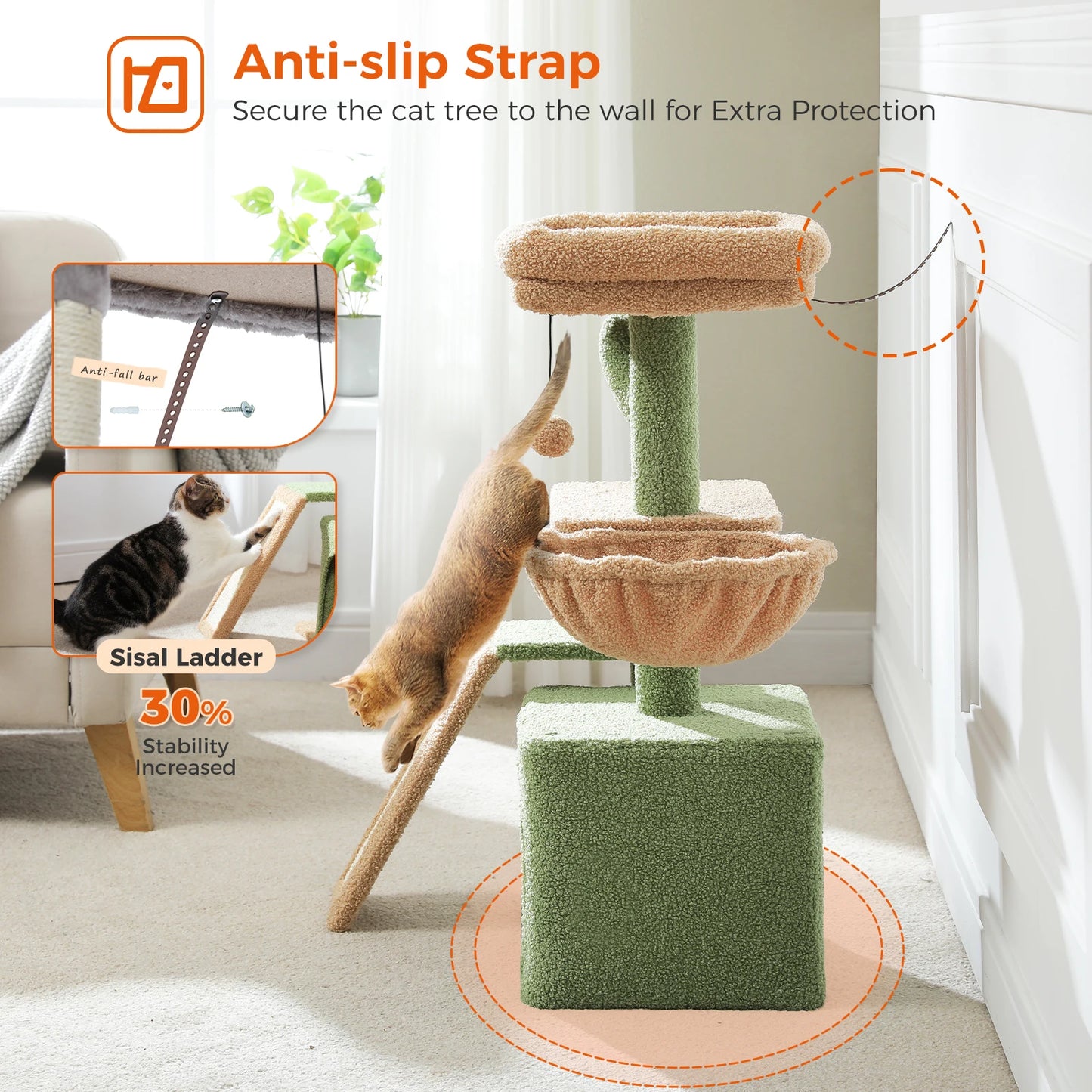 Tour pour chat réglable à 5 niveaux, du sol au plafond, avec poteaux à griffer en sisal, hamac en peluche et jouet suspendu – Design moderne en forme de cactus pour les jeux d'intérieur de plusieurs chats