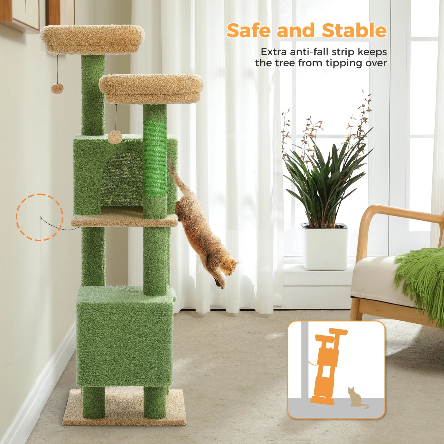 Arbre à chat cactus de 133 cm pour chats d’intérieur avec 2 perchoirs rembourrés, 2 condos douillets, 2 poteaux à griffer en sisal et pompons suspendus remplaçables – aire de jeux multi-chats peu encombrante.