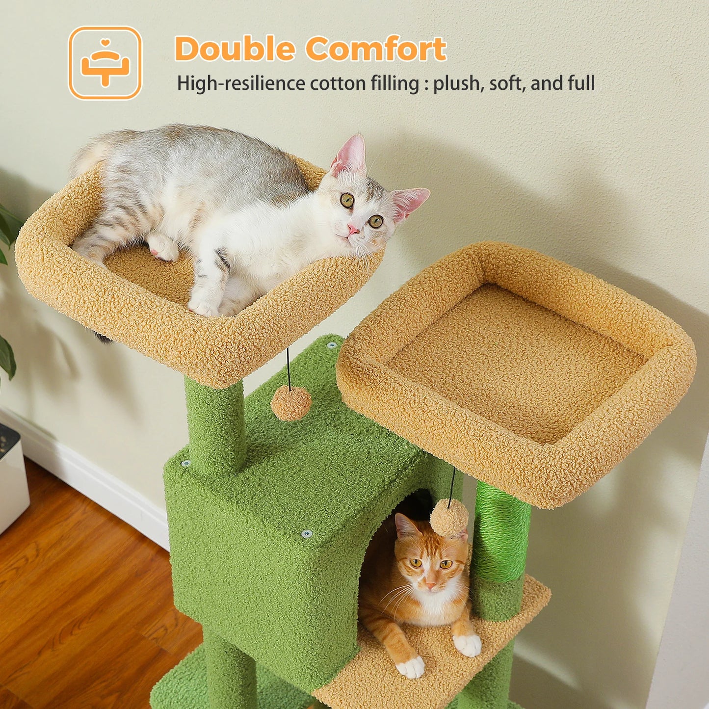 Arbre à chat cactus de 133 cm pour chats d’intérieur avec 2 perchoirs rembourrés, 2 condos douillets, 2 poteaux à griffer en sisal et pompons suspendus remplaçables – aire de jeux multi-chats peu encombrante.