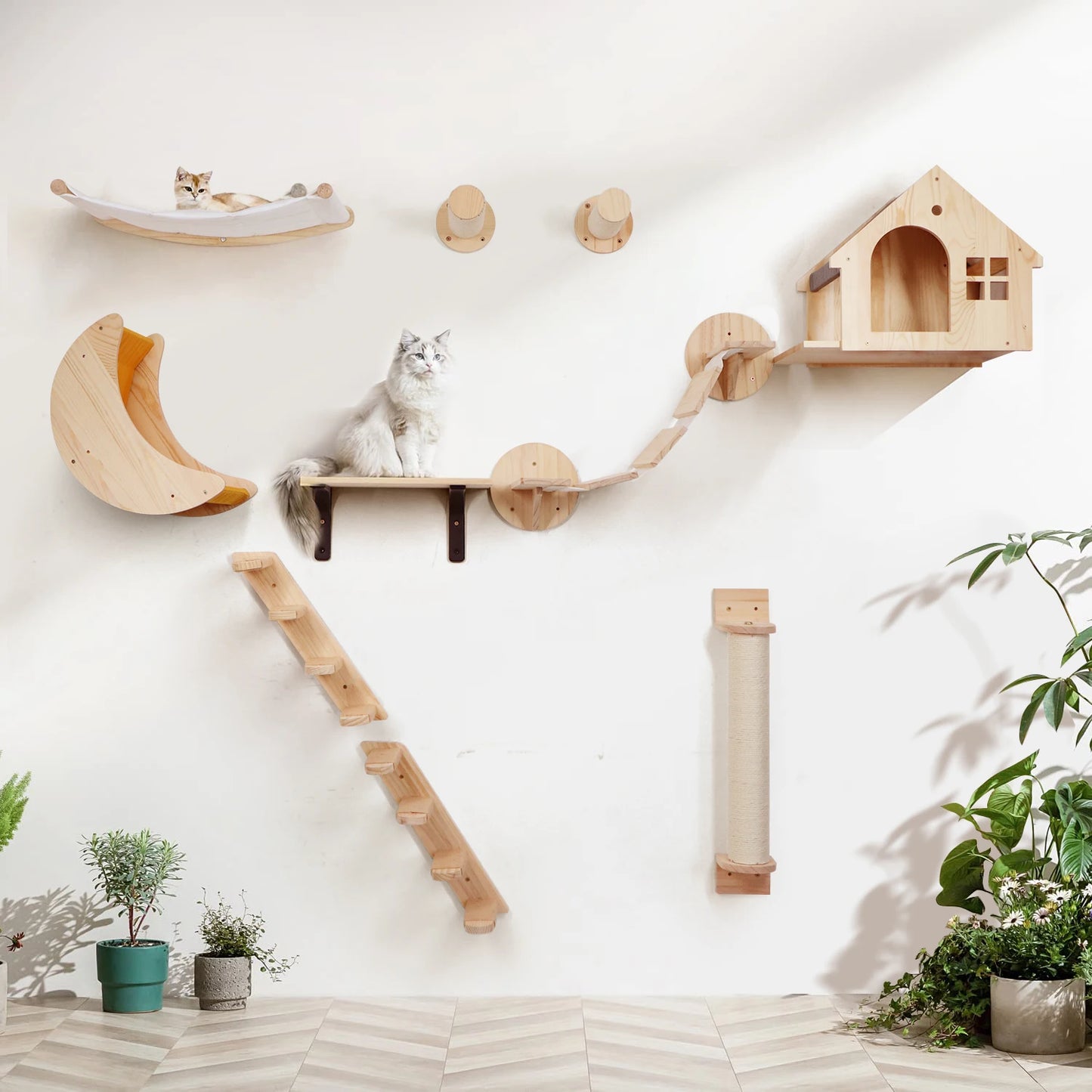 Étagère murale d’escalade pour chat avec échelle, marches, poteau à griffer en sisal, lit douillet et cachette – Tour d’arbre à chat modulaire d’intérieur et accessoires de mobilier pour animaux