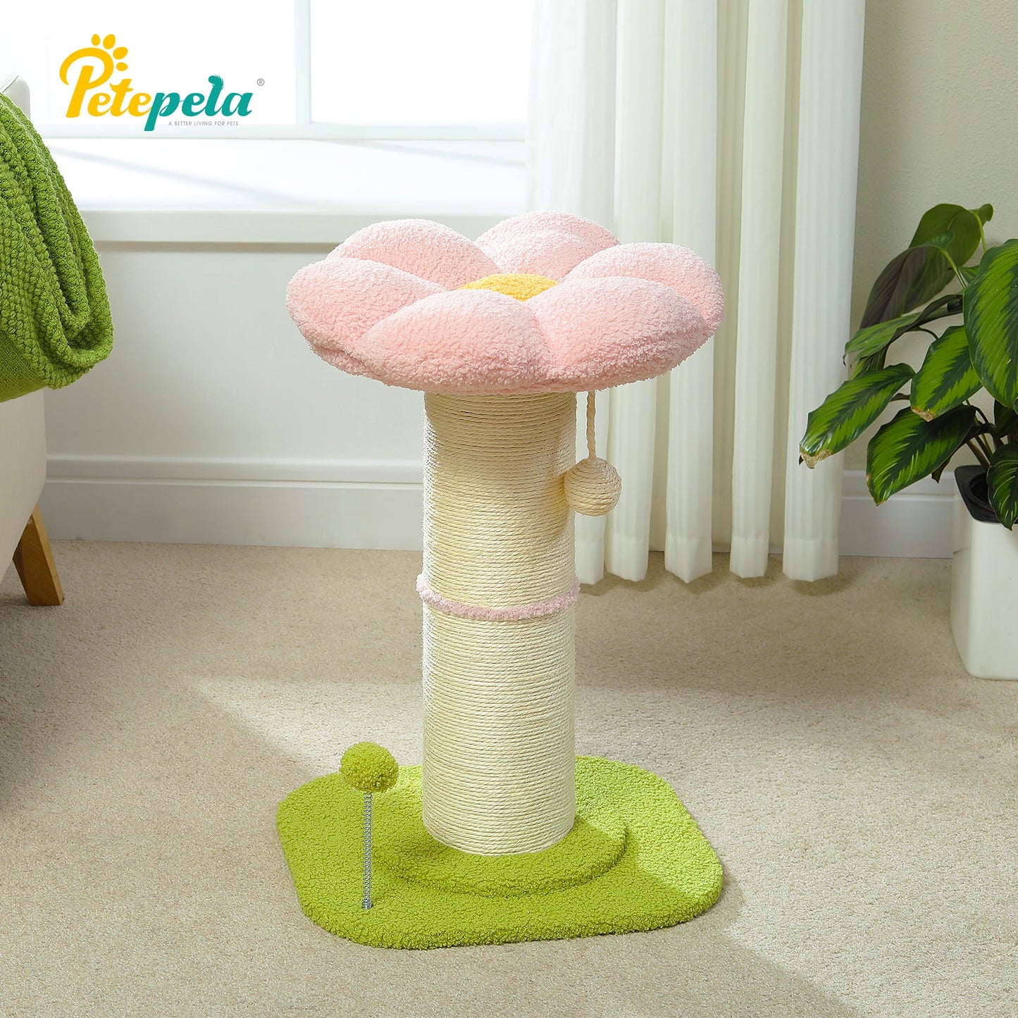 Arbre à chat fleur rose avec poteau à griffer en sisal naturel super épais, perchoir stable intérieur avec tapis et boules interactives.