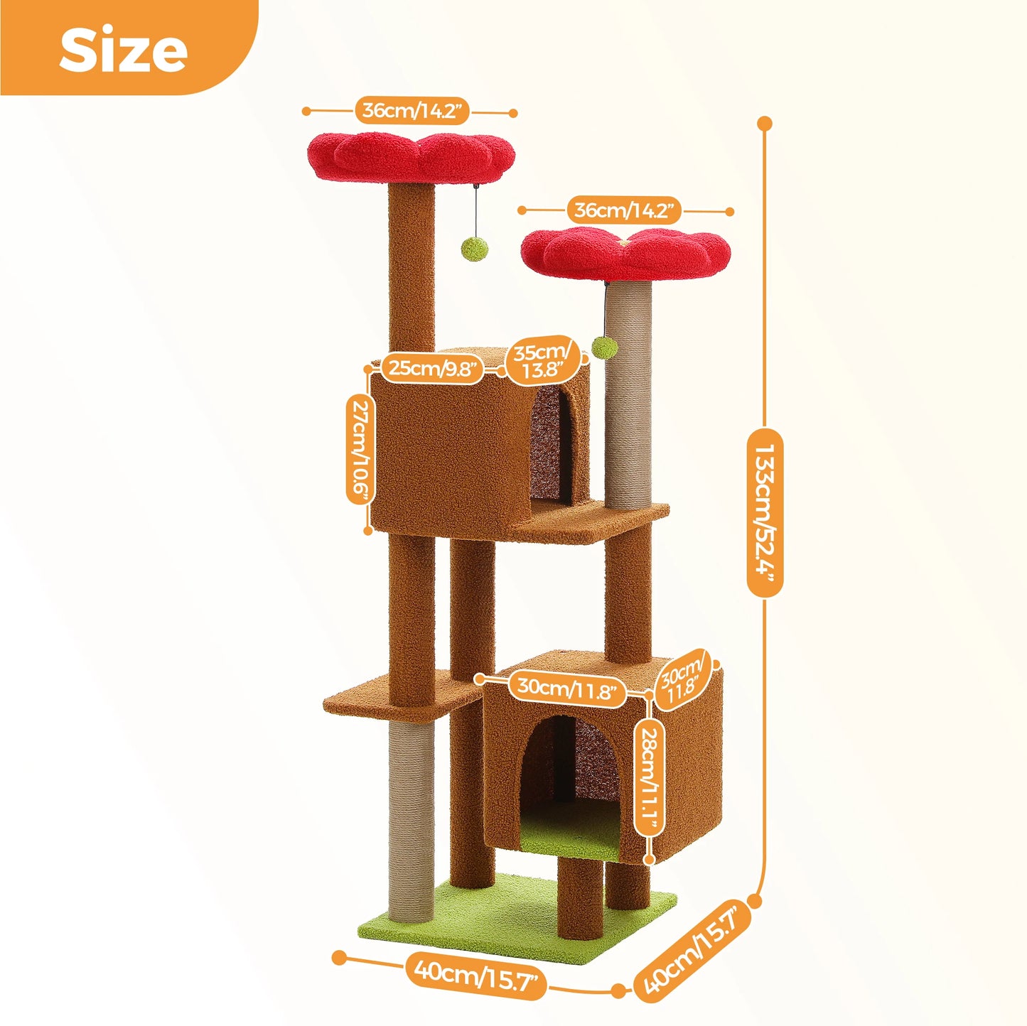 Arbre à chat cactus de 133 cm pour chats d’intérieur avec 2 perchoirs rembourrés, 2 condos douillets, 2 poteaux à griffer en sisal et pompons suspendus remplaçables – aire de jeux multi-chats peu encombrante.