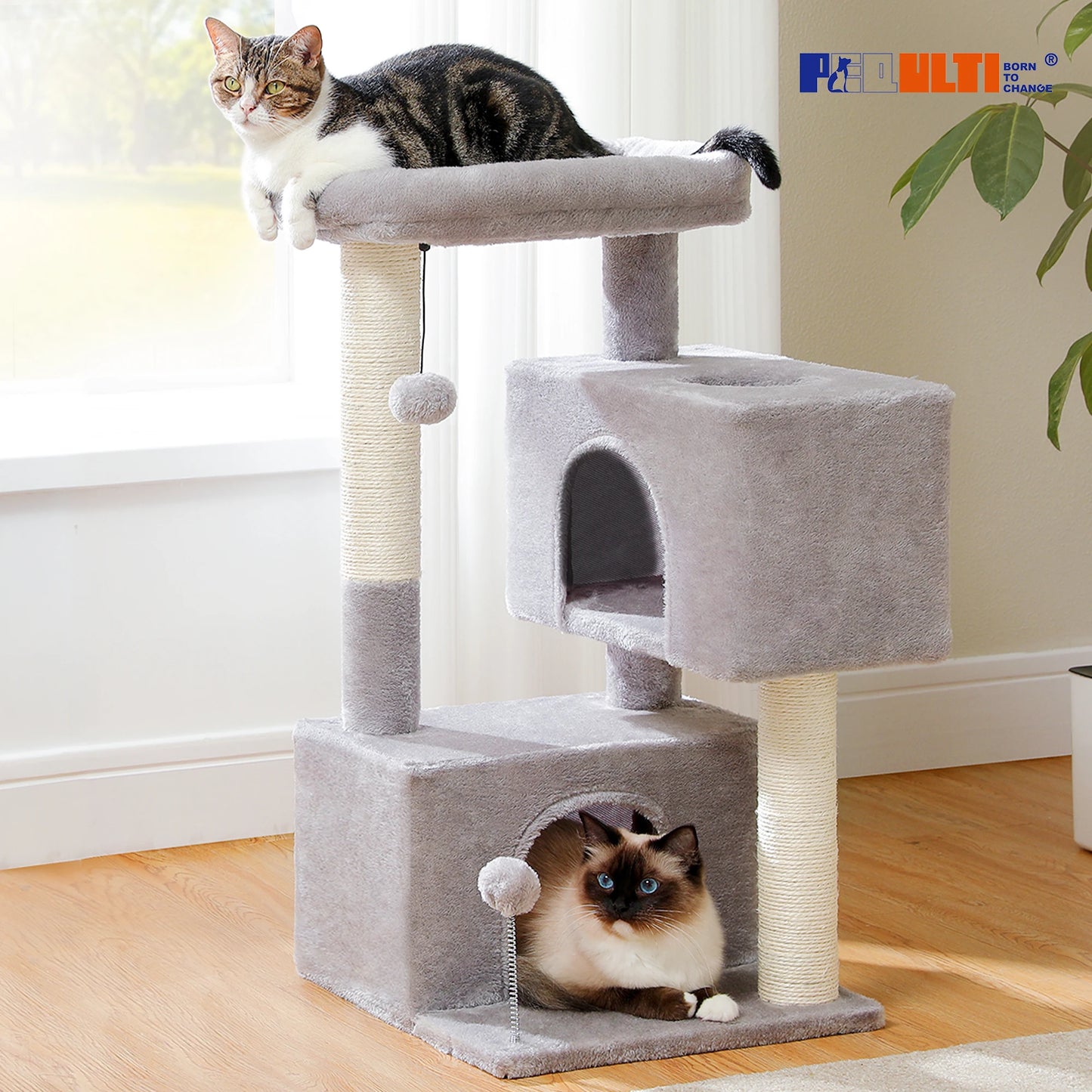 Arbre à chat de luxe tout-en-un avec 2 condos spacieux, grand hamac, perchoir rembourré, poteaux à griffer et rampe – Centre robuste de jeu et de repos multi-chats pour gros chats avec sangle de sécurité.