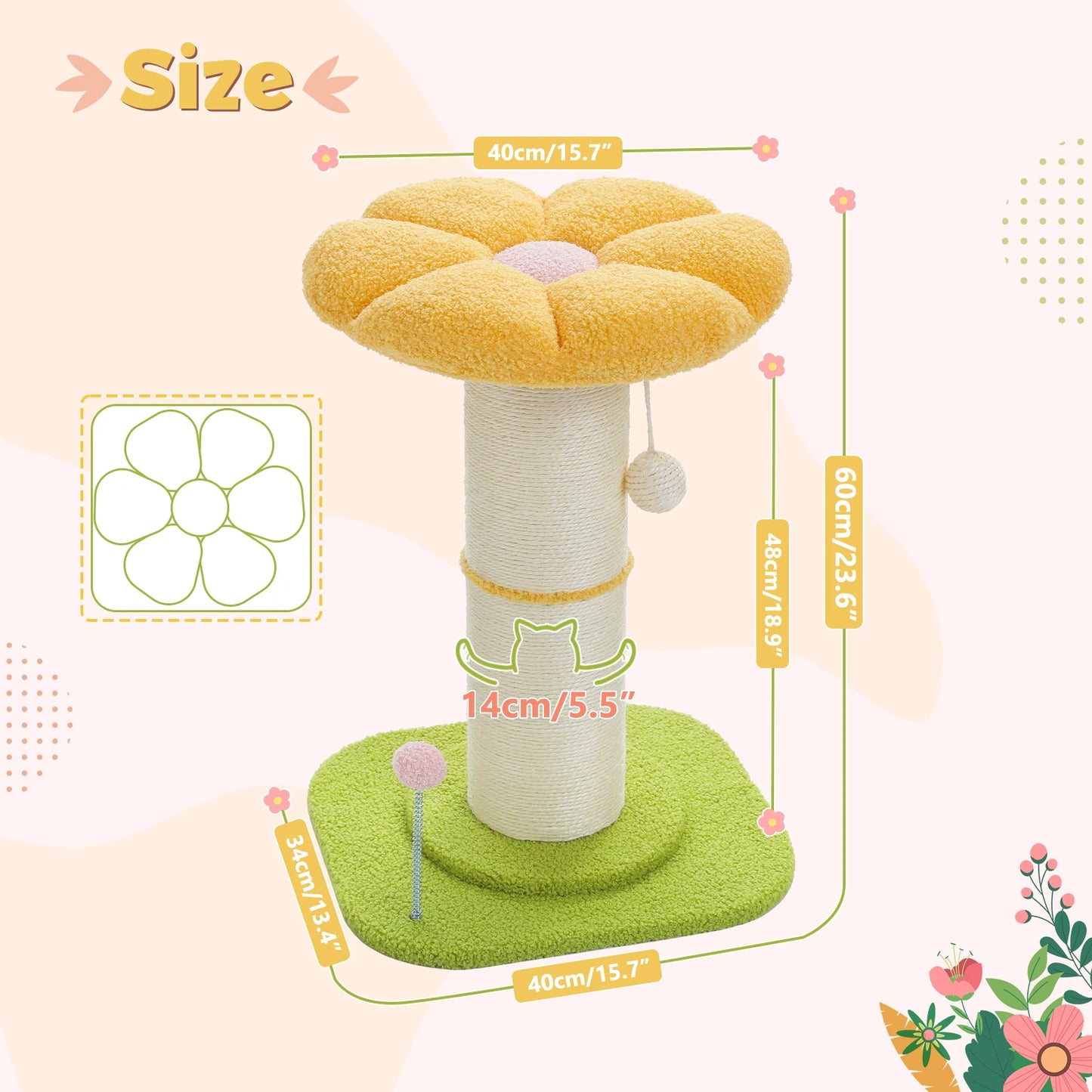 Arbre à chat fleur rose avec poteau à griffer en sisal naturel super épais, perchoir stable intérieur avec tapis et boules interactives.