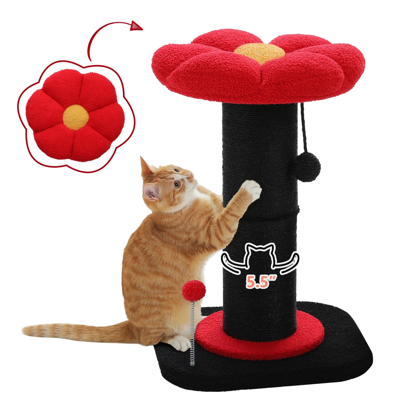 Arbre à chat fleur rose avec poteau à griffer en sisal naturel super épais, perchoir stable intérieur avec tapis et boules interactives.