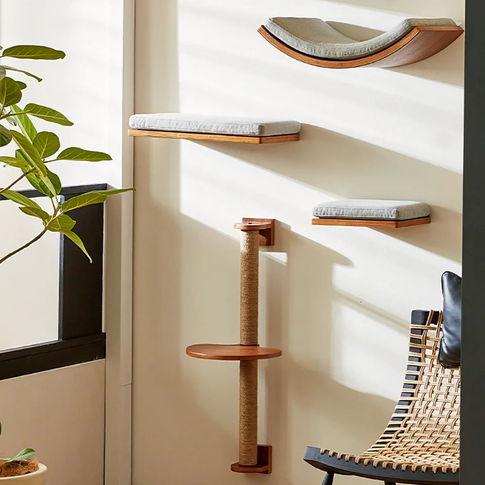 Arbre à chat en bois mural avec perchoirs flottants, poteaux à griffer en sisal, hamac, marches et échelle – Aire de jeux verticale pour chat peu encombrante
