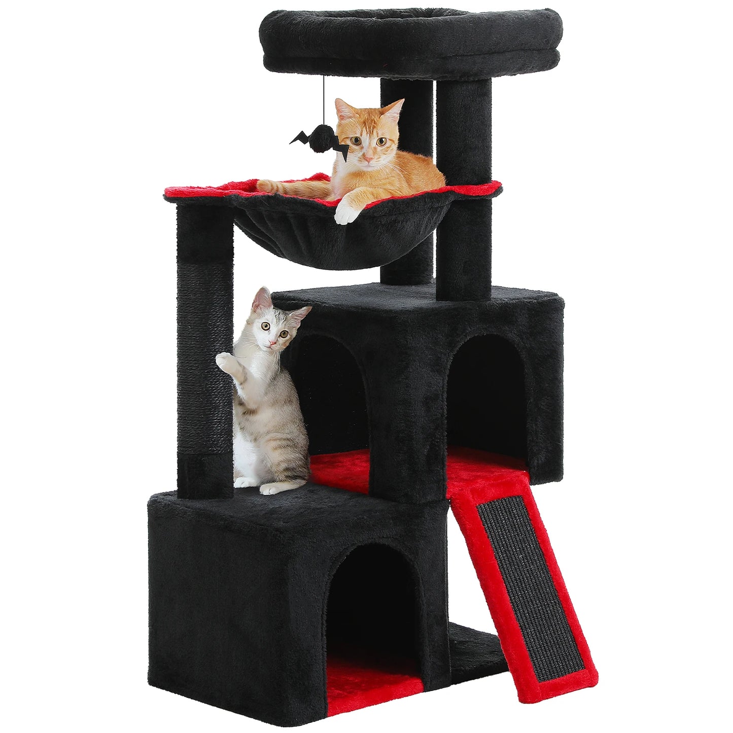 Arbre à chat de luxe tout-en-un avec 2 condos spacieux, grand hamac, perchoir rembourré, poteaux à griffer et rampe – Centre robuste de jeu et de repos multi-chats pour gros chats avec sangle de sécurité.