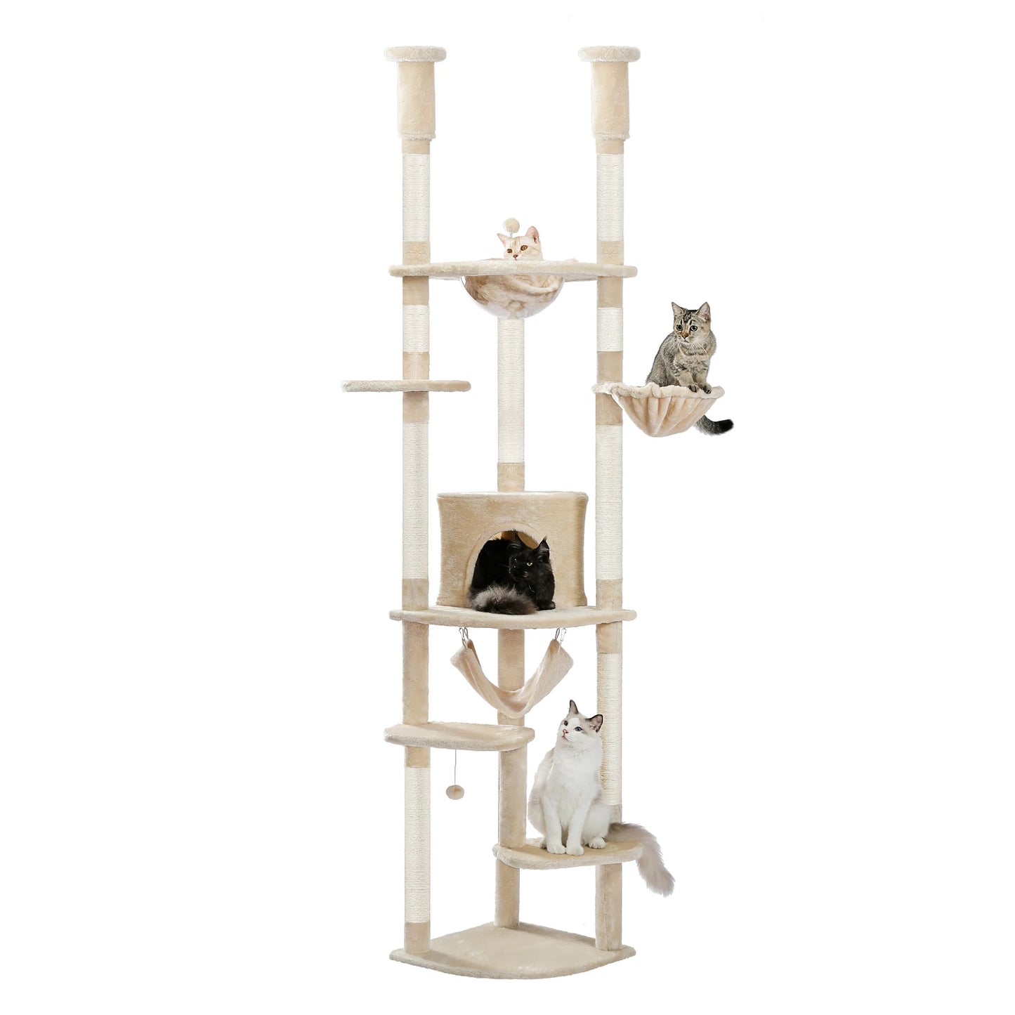Arbre à chat réglable du sol au plafond avec 9 poteaux à griffer en sisal, condo douillet, hamac en peluche, perchoirs et balle à ressort – grand centre d’activité vertical multi-chats idéal pour les grandes famille