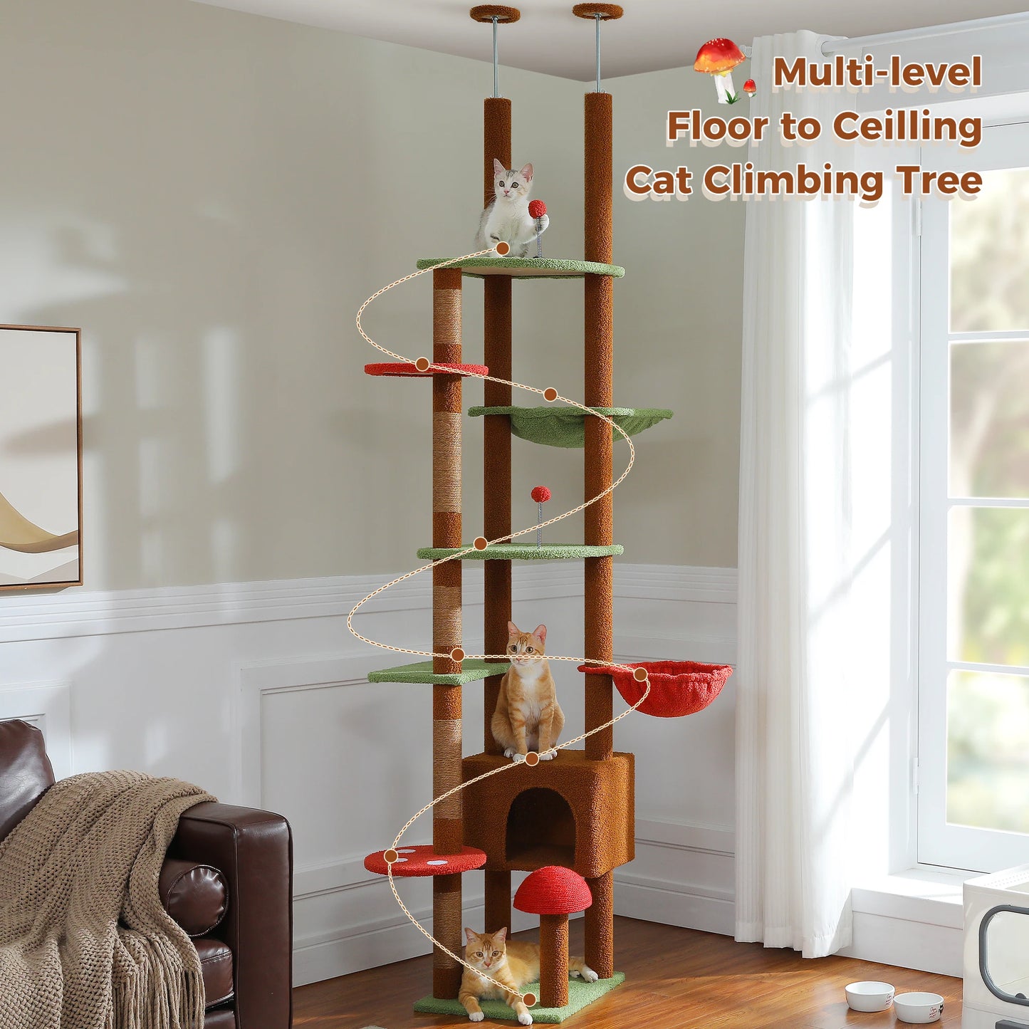 Arbre à chat cactus à hauteur réglable, tour multi-chats du sol au plafond avec condo, hamac et poteau à griffer pour grands chats.