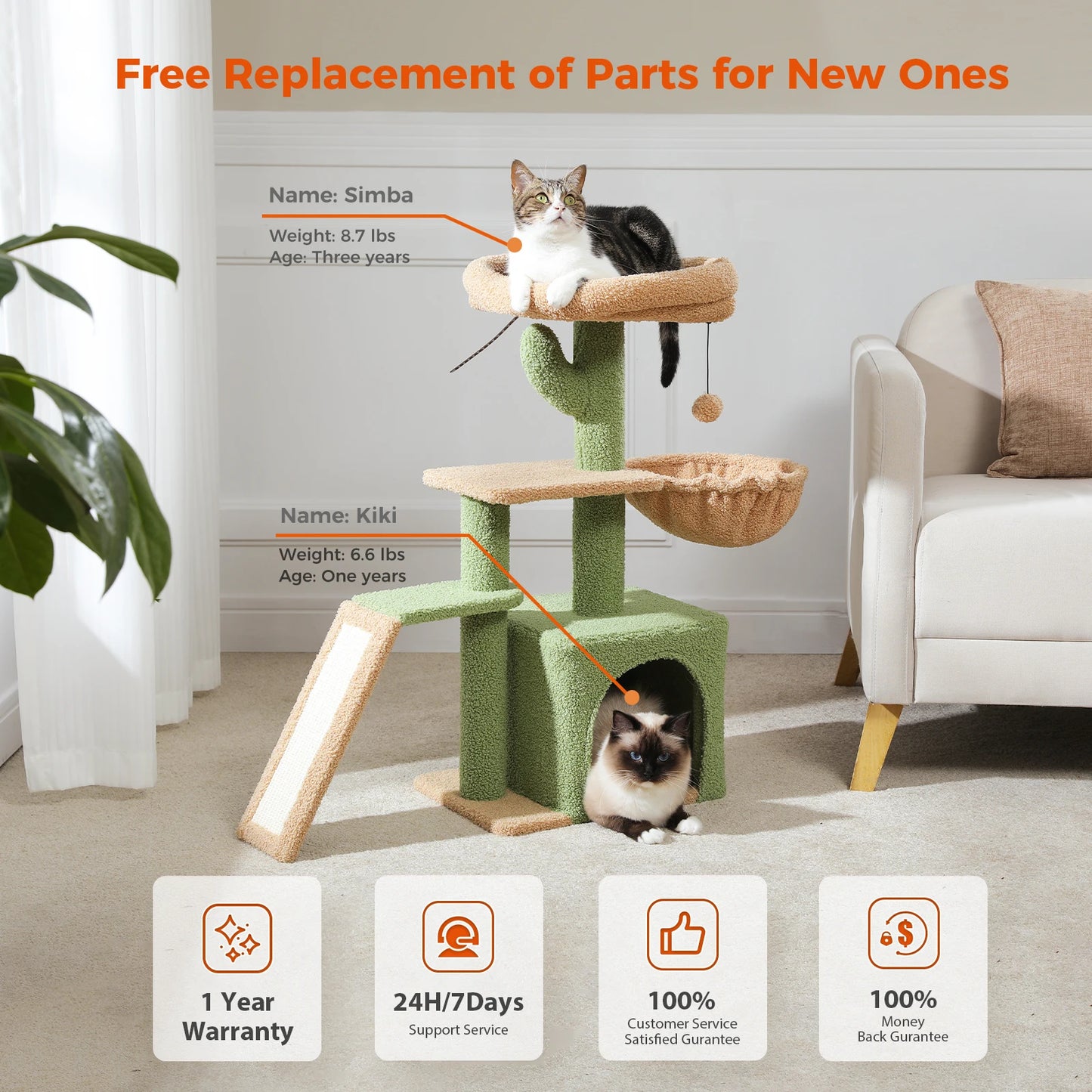 Arbre à chat tour cactus pour petits chats avec rampe à griffer en sisal, hamac douillet, condo pour chat et perchoir supérieur amovible – Aire de jeux compacte pour chat d’intérieur.