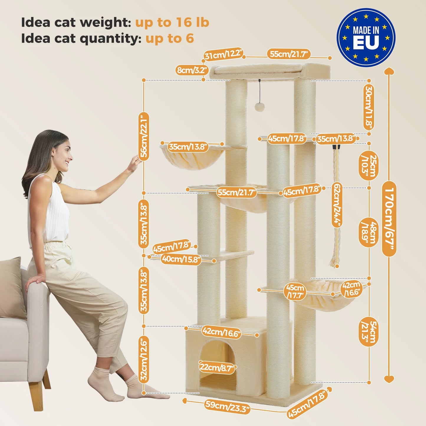 Arbre à chat pour gros chats avec 11 poteaux à griffer en sisal, 7 niveaux, plusieurs hamacs et perchoirs extra-larges – Château d’escalade robuste pour intérieur, adapté aux chats jusqu’à 10 kg.