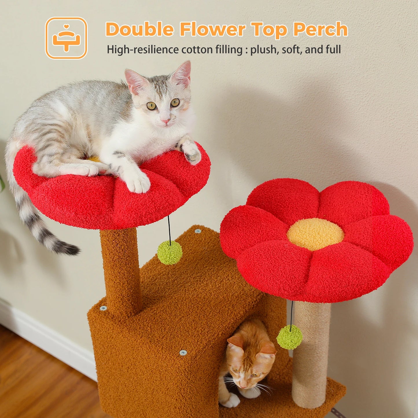 Arbre à chat cactus de 133 cm pour chats d’intérieur avec 2 perchoirs rembourrés, 2 condos douillets, 2 poteaux à griffer en sisal et pompons suspendus remplaçables – aire de jeux multi-chats peu encombrante.